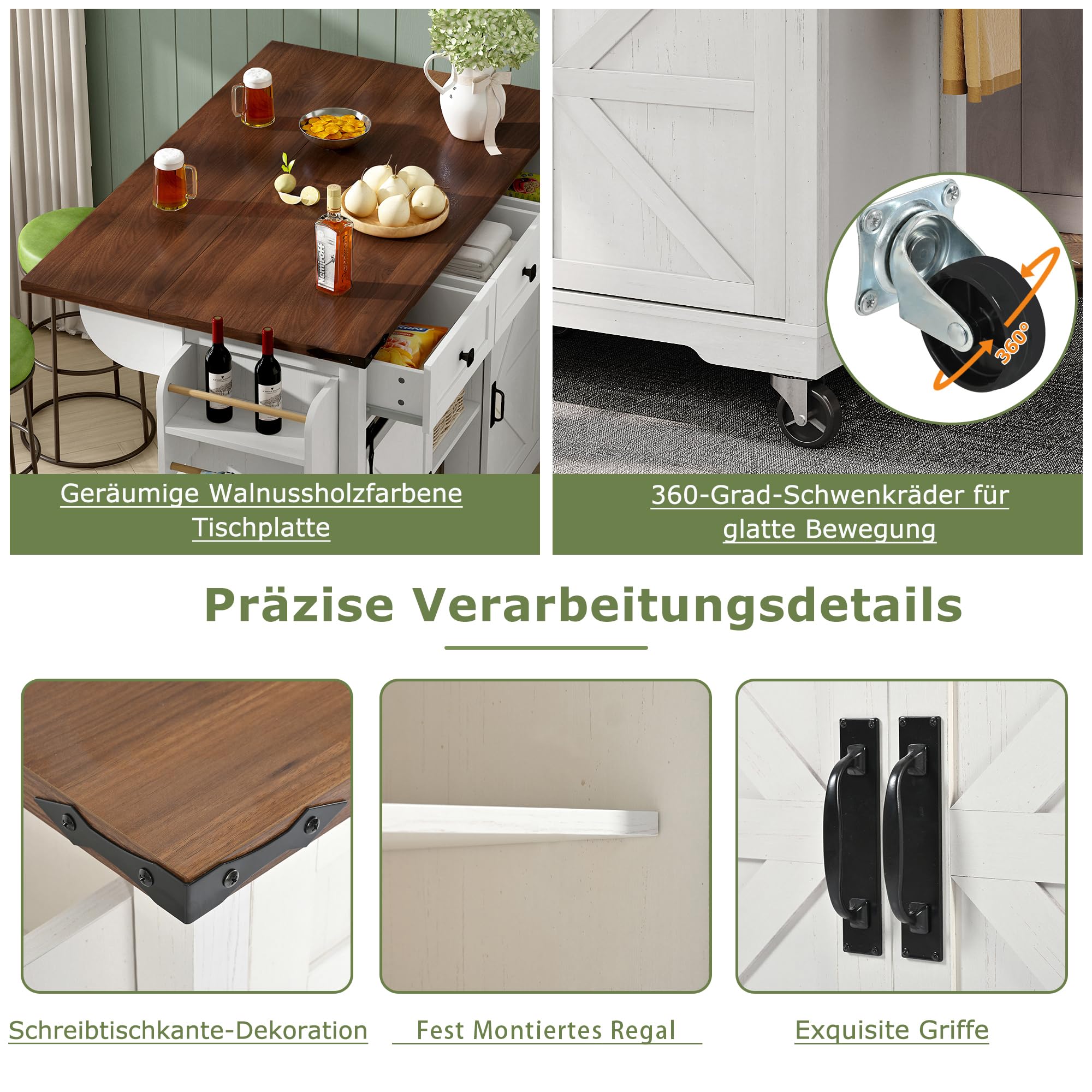 Ymkua Küchenwagen, Kücheninsel Küchenschrank, Speisewagen Anrichte auf Rollen, Esswagen Anrichte mit 2 Türen und 3 Schubladen, Buffetschrank mit Ausziehbarer Arbeitsplatte für Esszimmer, Küche, Beige