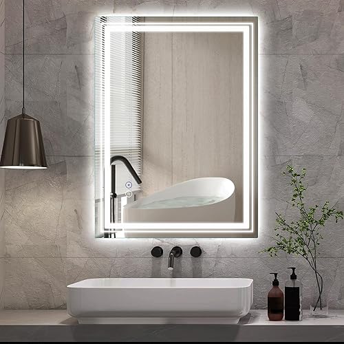 Hoozha Espejo de baño LED de 24 x 32 pulgadas, espejo de baño regulable de 3 colores, brillo ajustable, antivaho, CRI90, impermeable, espejo de baño