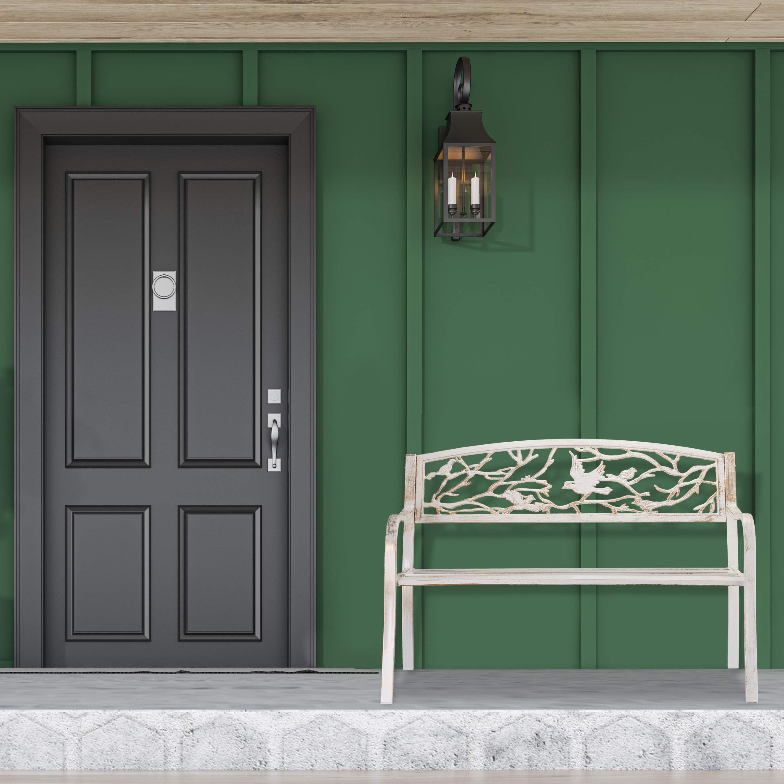 Relaxdays Panca da Giardino, con Volatili Decorativi, Accessorio di Arredo da Esterno, 87x127x57 cm, Bianco-Bronzo