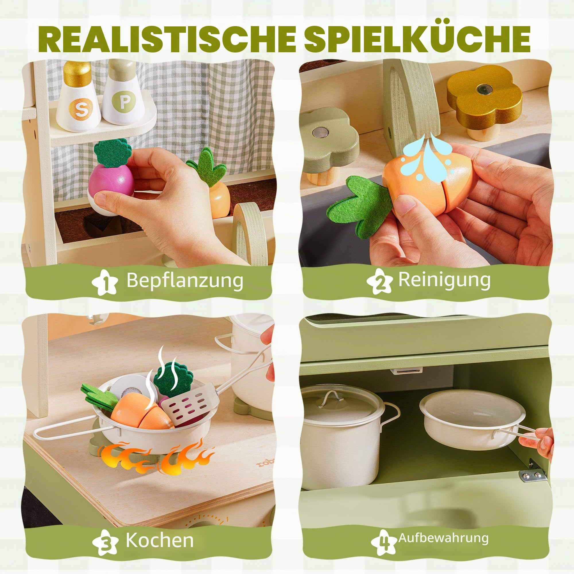 ROBUD Kinderküche aus Holz – Spielküche mit Kühlschrank, Eiswürfelspender, Backofen & Zubehör, Rollenspielküche für Kinder