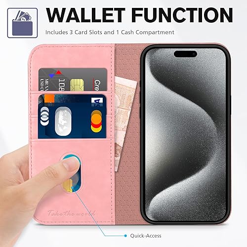 Miniatura 7 de TUCCH Funda para iPhone 15 Pro Max, cartera de piel sintética con función atril, bloqueo RFID, 3 ranuras para tarjetas, funda protectora interior de
