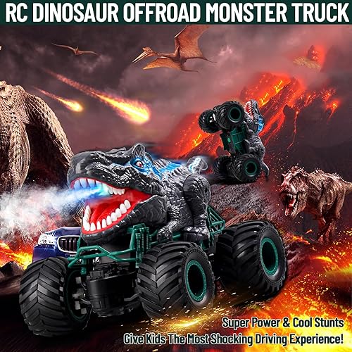 Miniatura 2 de Cogwak Auto de dinosaurio a control remoto para niños, camión monstruo RC de 2.4 GHz, todo terreno, juguete de dinosaurio RC con sonido de luz en