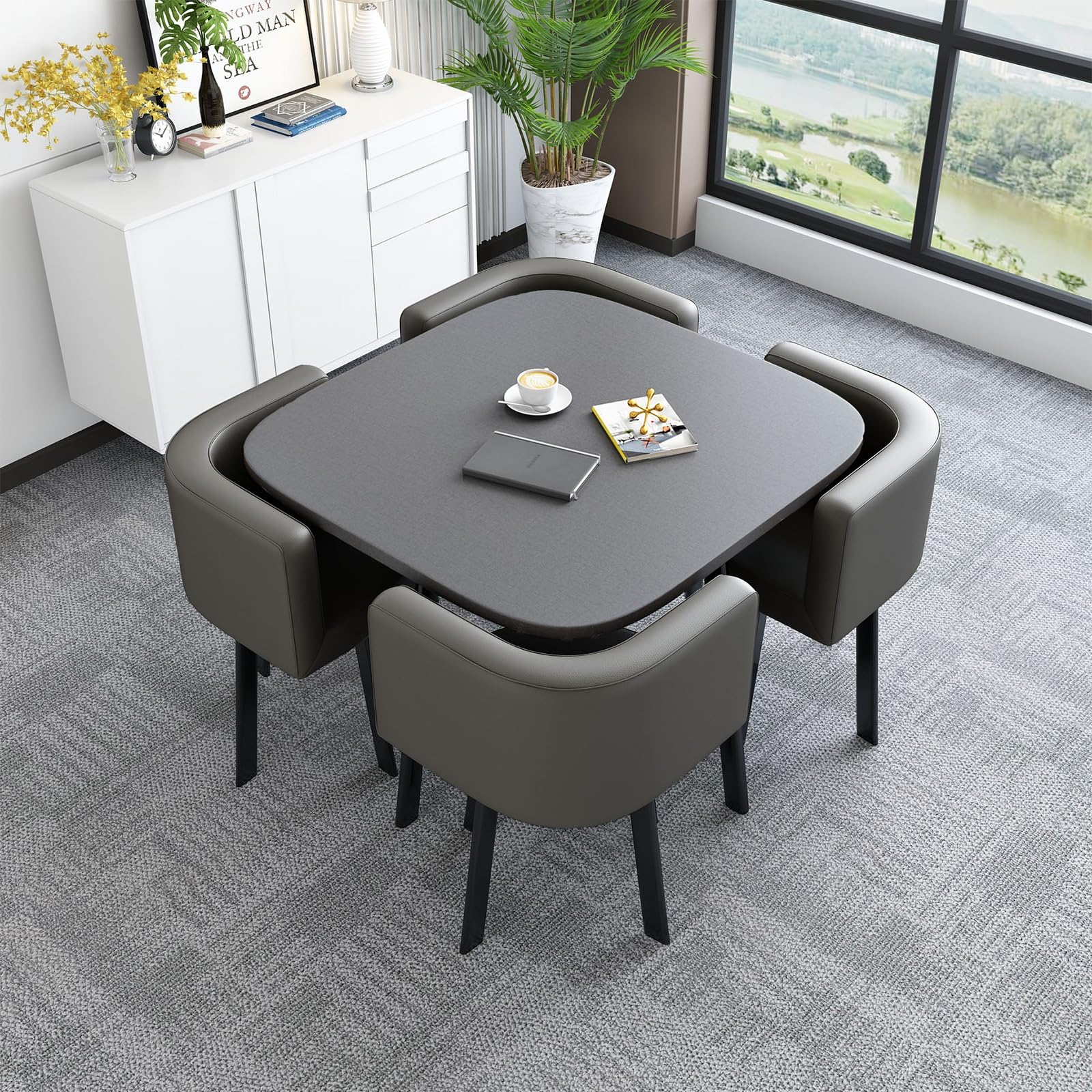 Set da pranzo composto da 4 pezzi con tavolo e sedie in legno grigio, design compatto per piccole conferenze e trattative aziendali, adatto a sala da pranzo, cucina, sala conferenze e appartamento.