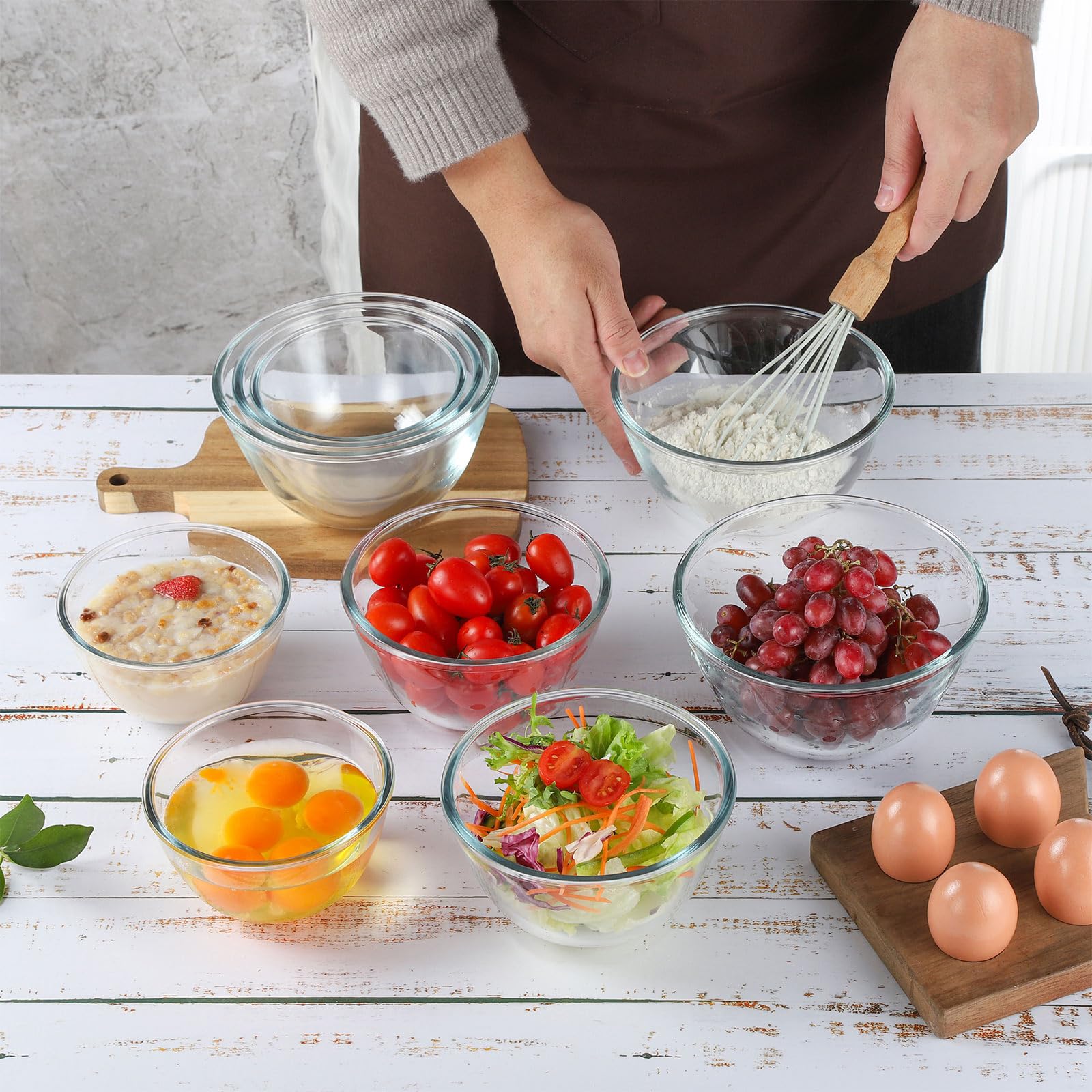 WHJY Paquete de 3 cuencos de vidrio para cereales de 7 pulgadas, cuencos de vidrio transparente para servir ensalada, pasta y cereales