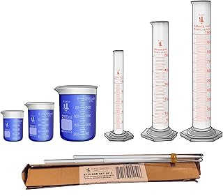 Glass Graduated Cylinder Set 10ml 50ml 100ml, Glass Beaker Set 50ml 100ml 250ml with 3 Glass Stirring Rods, Karter Scientific