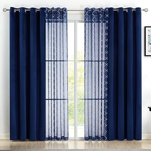 Miniatura 2 de Enactex Juego de 4 cortinas opacas de gasa con estampado metálico marroquí, cortinas opacas de gasa transparente y terciopelo para oscurecer la