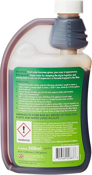 Blagdon Green Away Pond Water Treatment, Clears Green Water and Suspended Algae Particles, Natural, Plant Friendly, Safe for Fish, 500 ml, Treats 10,000 Litres of Water - 2