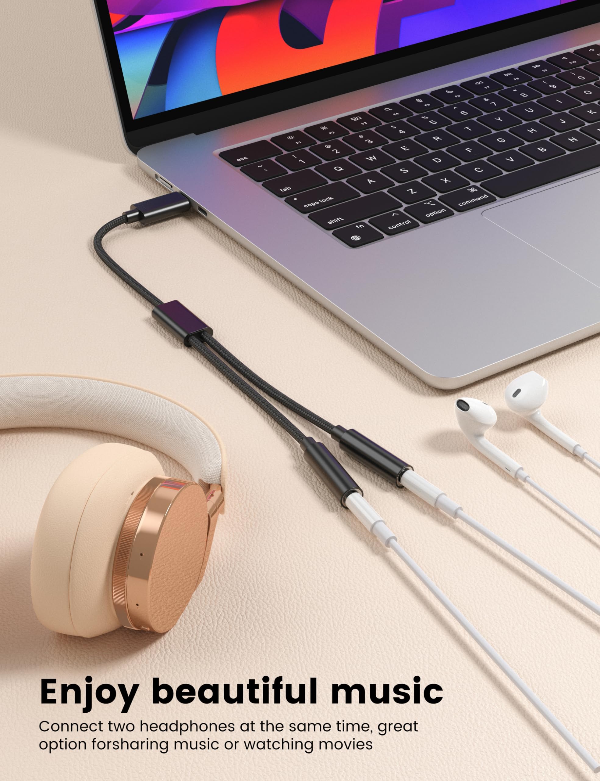 Kopfhöreradapter Typ C auf Dual 3,5 mm Buchse, USB C auf Dual Buchse Aux Y-Buchse, Kopfhörer-Splitter, Aux auf USB C für Galaxy S24/23 Ultra, Pixel 7 6, iPad Pro, iPhone 15 Pro Max/Plus, Schwarz