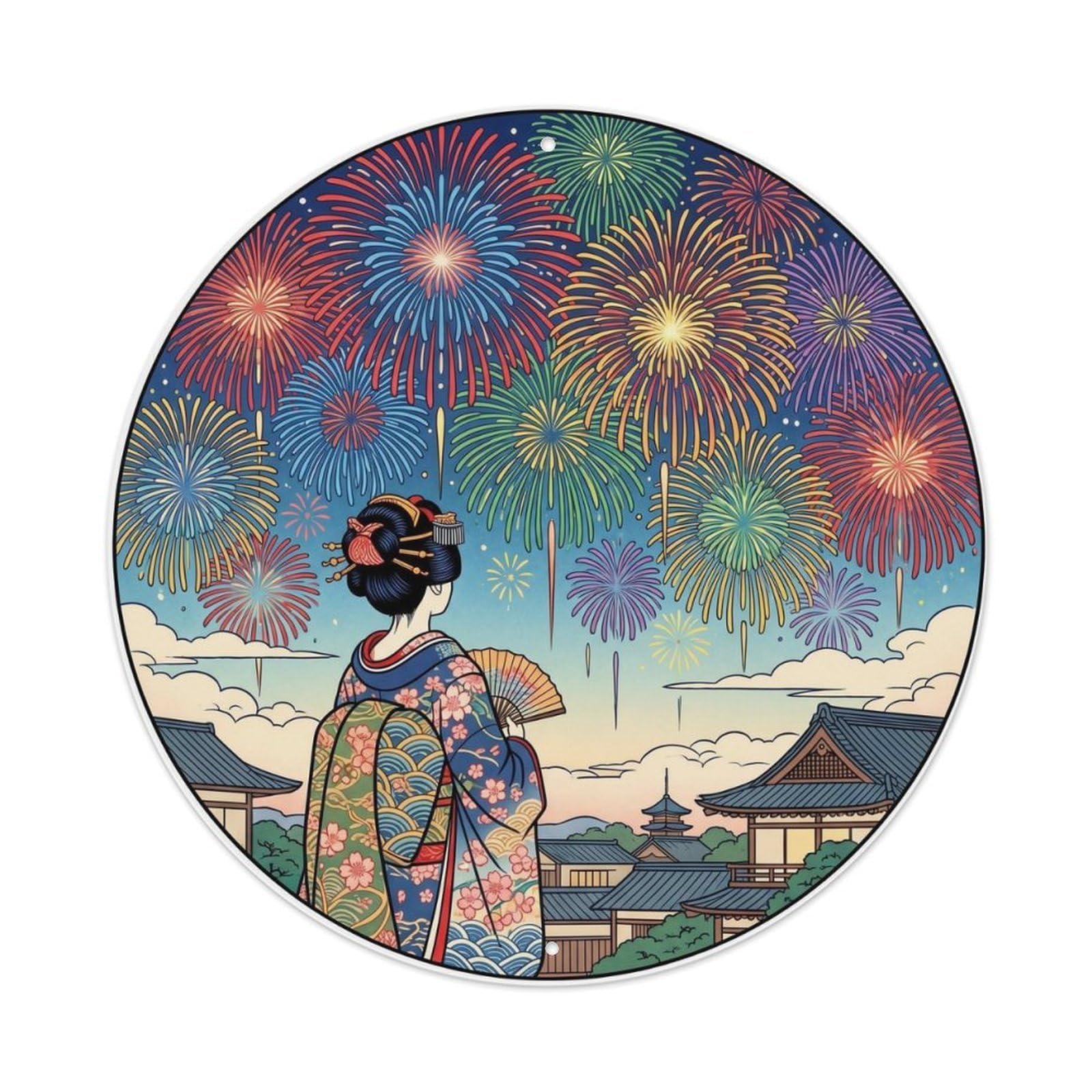 Metal Tin Sign Japanese Fireworks Filling Sky Celebration Scene