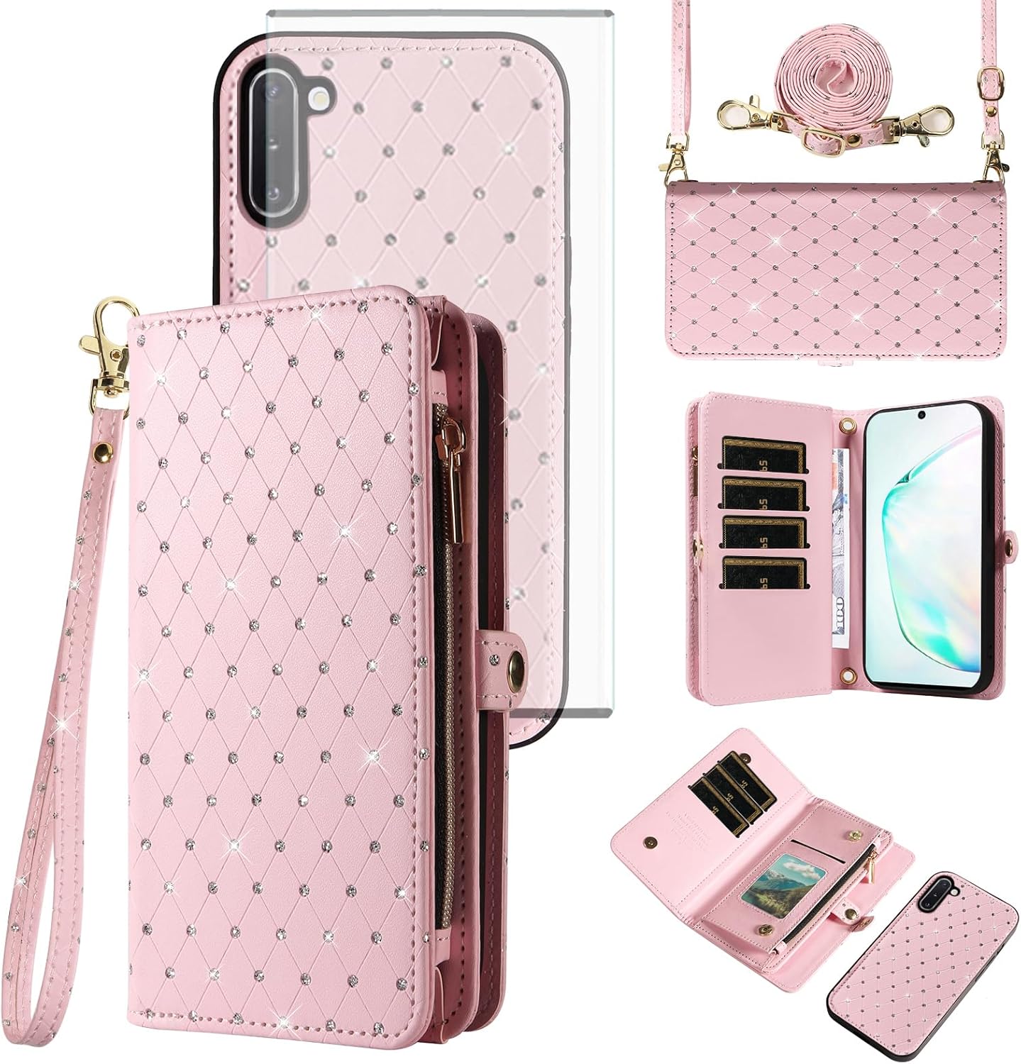 Asuwish Phone Case for Samsung Galaxy Note 10 5G Zipper Wallet Detachable Cell Cover with Tempered Glass Screen Protector Strap Glitter Flip Card Holder Slot Note10 Notes 10s Ten Not S10 Women Pink