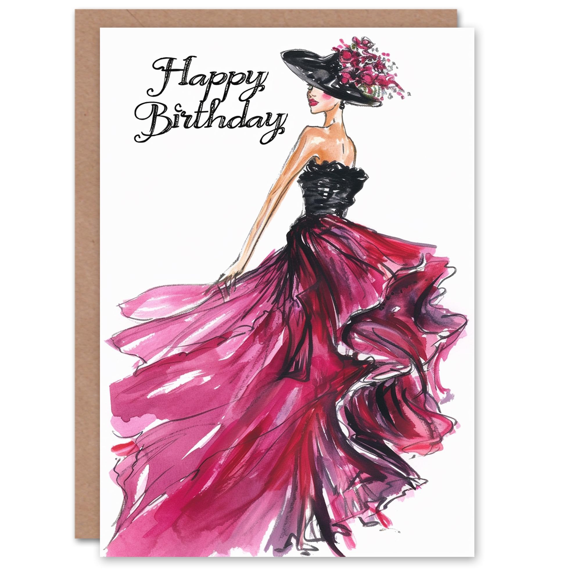 Artery8 Birthday Card Couture Dress and Floral Hat Fashion For Her Gran Sister Niece Daughter Wife Woman Greeting Card