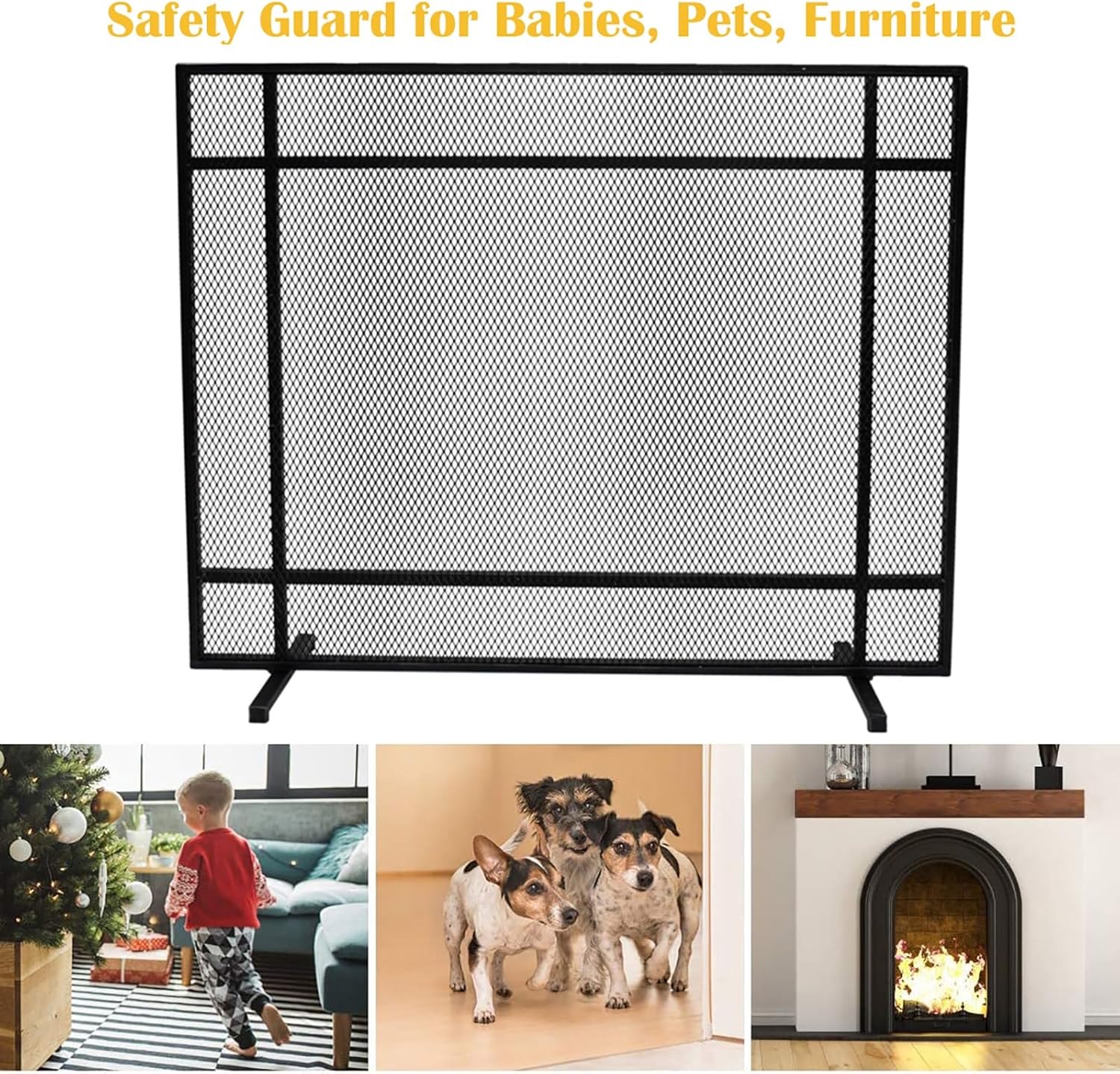 Contemporary Black Wrought Iron Fire Screen - Single Flat Panel Spark Guard for Living Room & Charcoal Fire Safety, Stylish Fireplace Decor