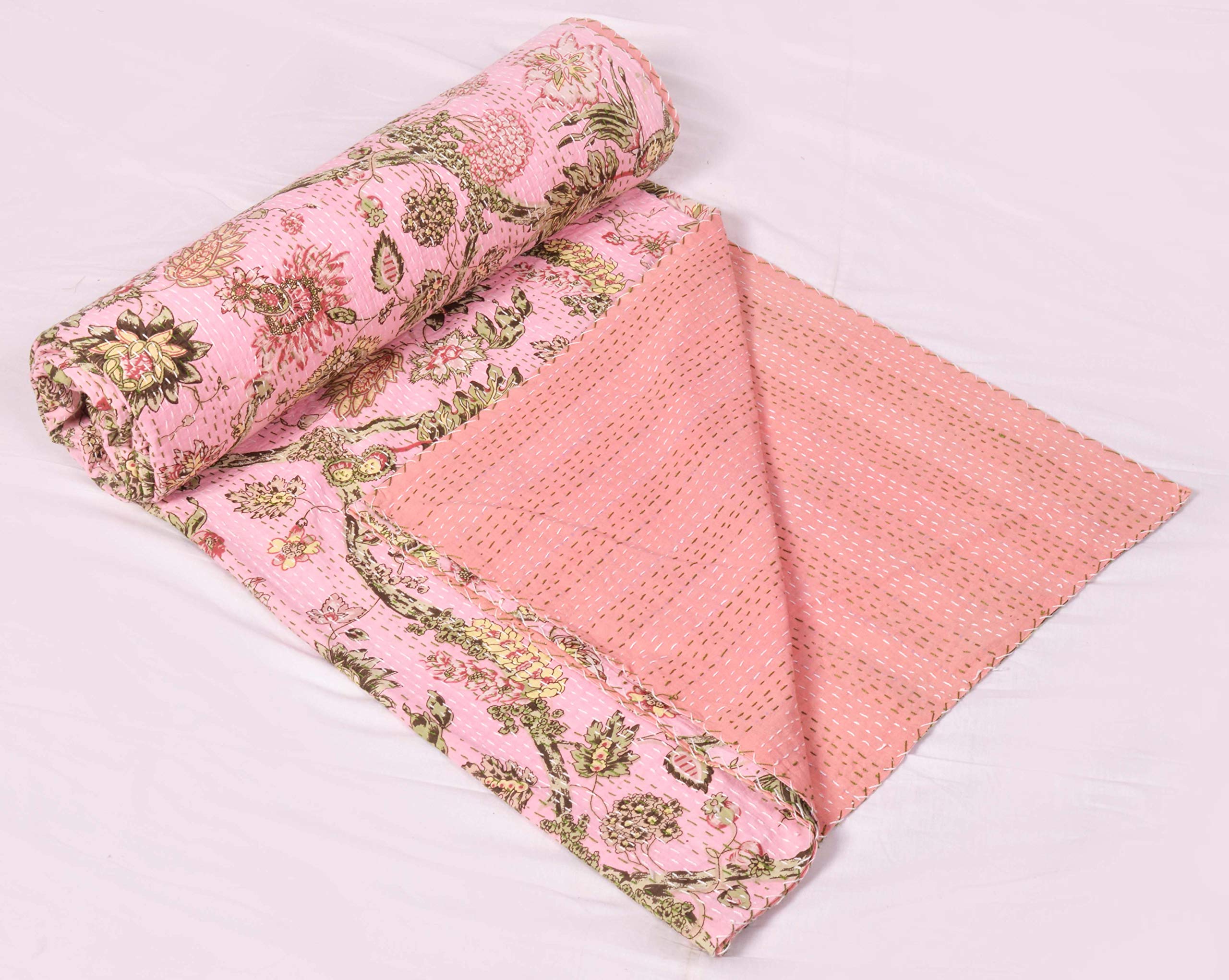V Vedant Designs Indian Block Floral Print Queen Size Kantha Quilt Kantha Blanket Bed Cover Kantha Bedspread Bohemian Bedding Kantha Blanket (90X108 Inches) (Light Pink 02)