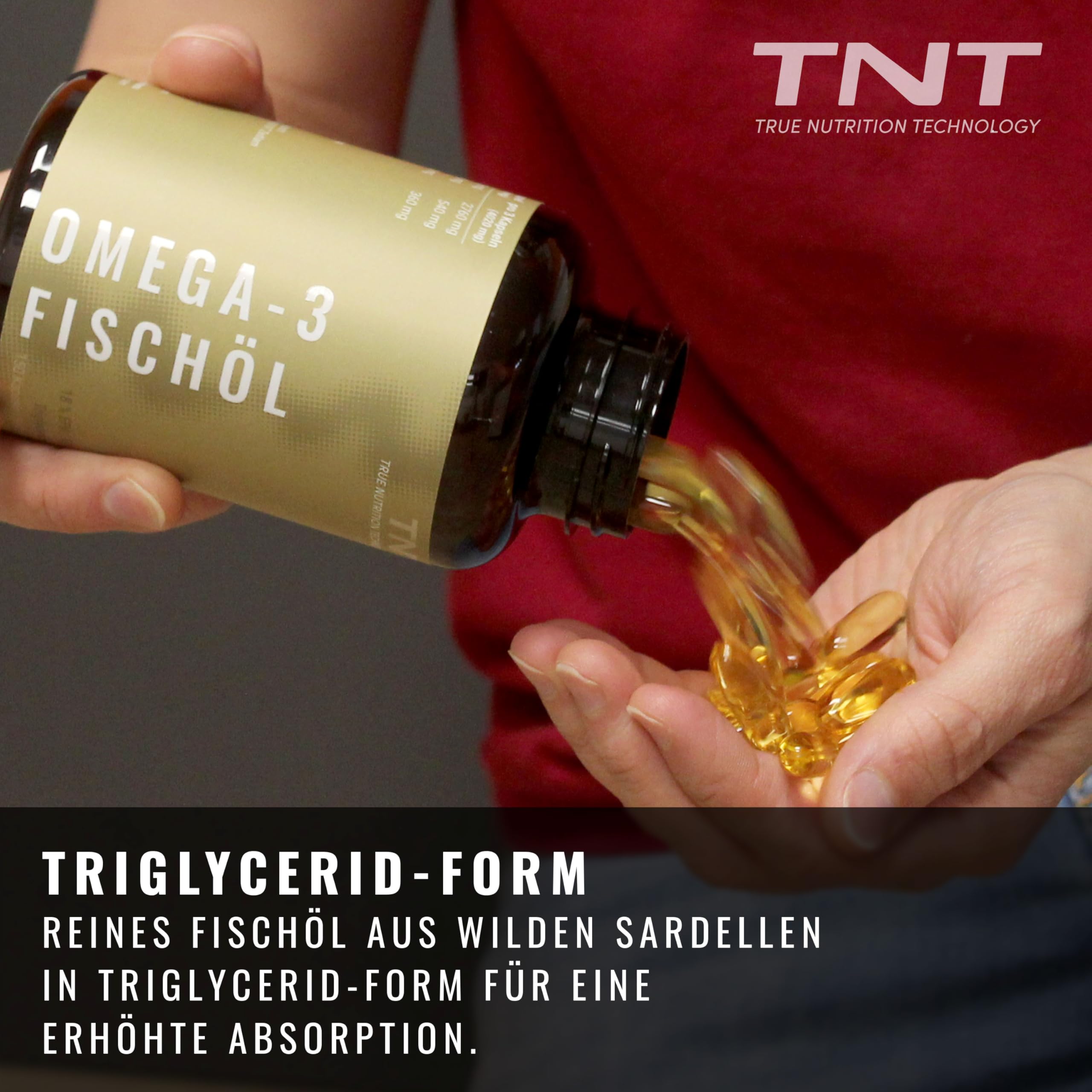 TNT Omega 3 Kapseln (1000 Weichkapseln) • 3000mg Fischöl (540mg EPA, 360mg DHA) pro Tagesdosis • Omega-3 Fettsäuren in Triglycerid-Form • Hochdosiert & ohne Zusätze