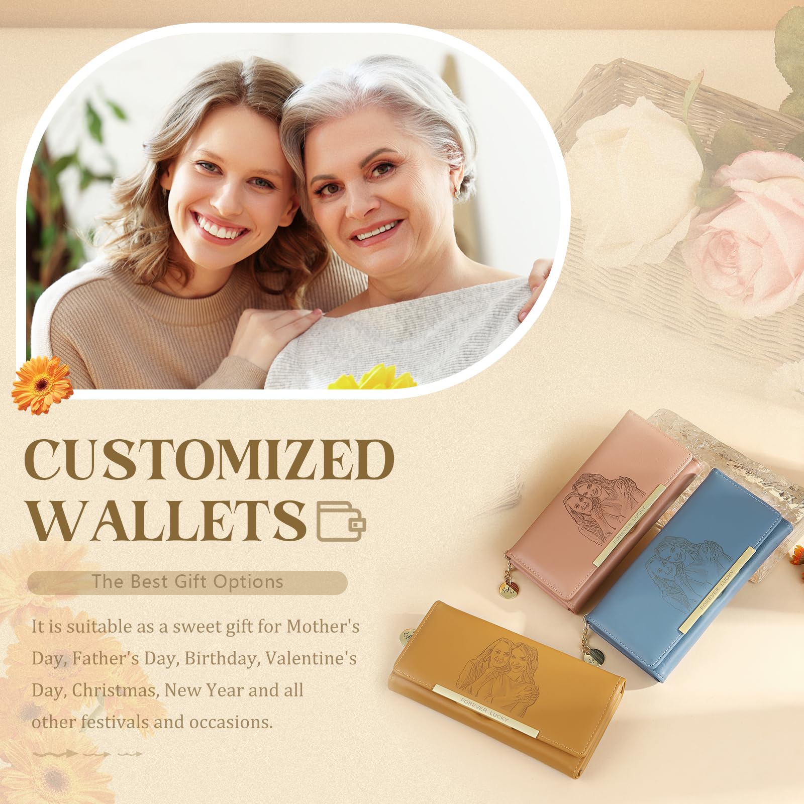 Personnalisé Portefeuille Femme Grand Format Photo et Nom Portefeuille avec Pochette de Monnaie Porte-Cartes Cadeau pour Femme Anniversaire Noël (Rose)