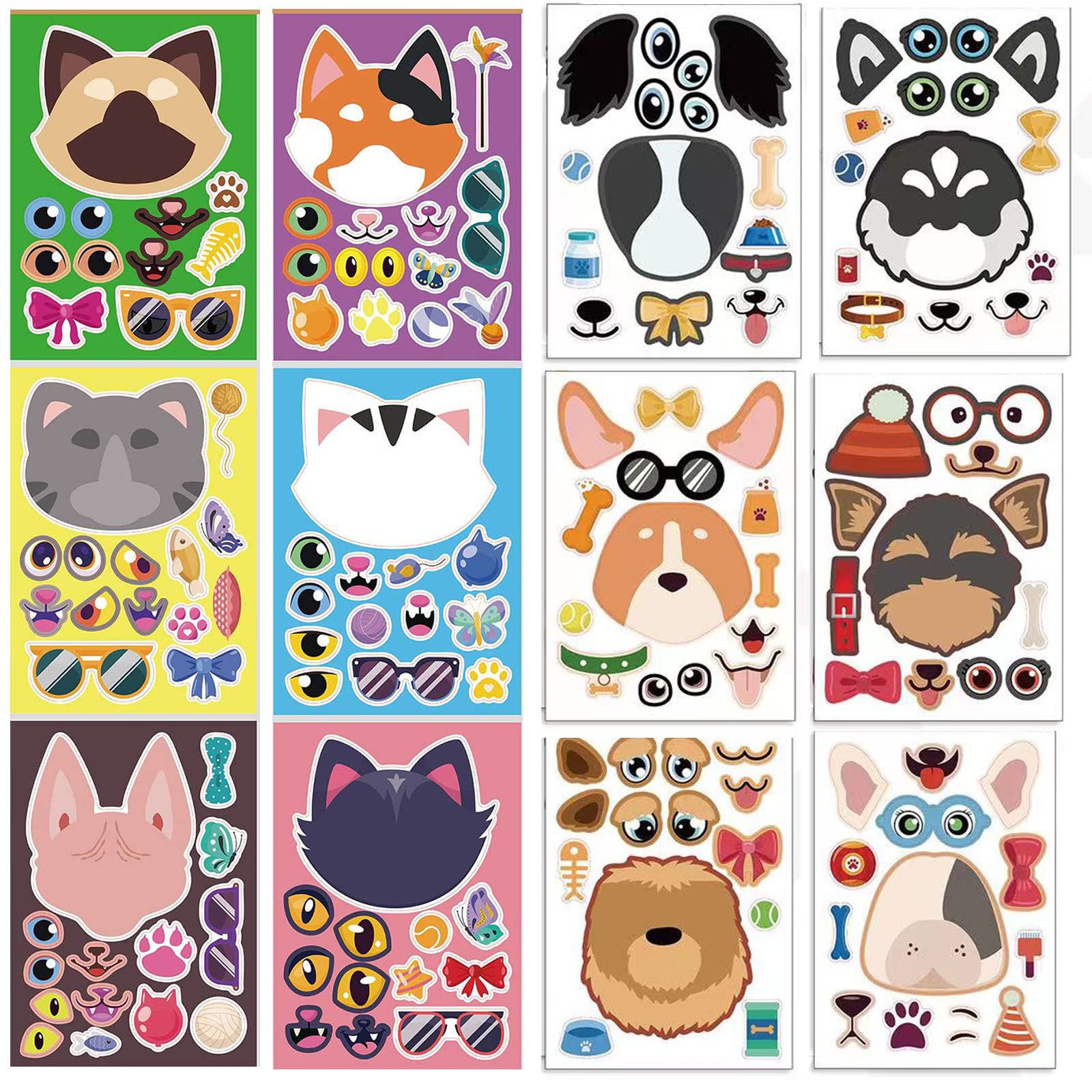 12PCS Make a Face Sticker Sheets, Make Your Own Mix and Match Sticker for Kids.Gift of Festival, Reward, Birthday, Party Favor, Art Craft,kids party favors. (Cat and Dog)