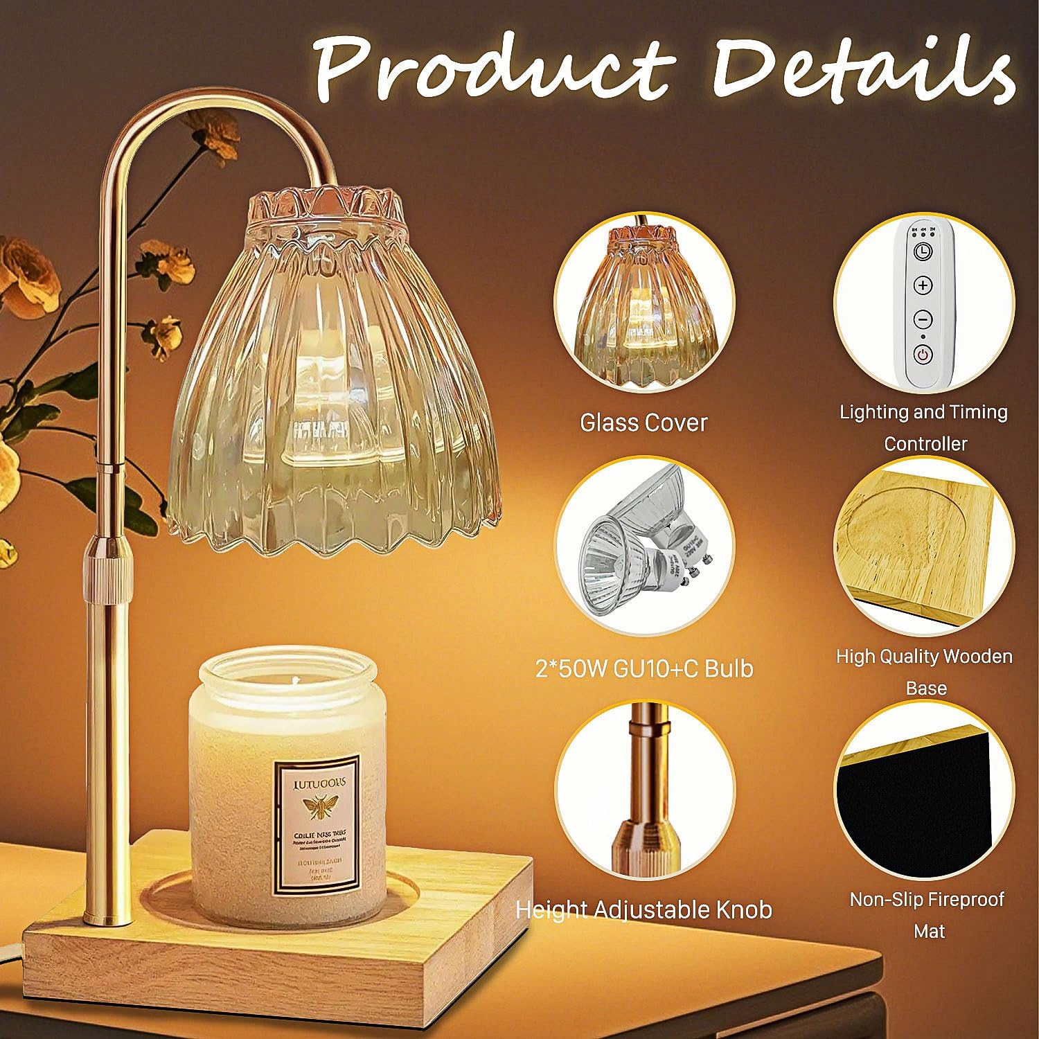 Candle Warmer Lamp with Dimmer Timer, Candle Lamp Warmer with 2 Bulbs, Candle Light for Scented Jar Candles, Birthday Gifts for Women, Vintage Home Decor House Warming Gift