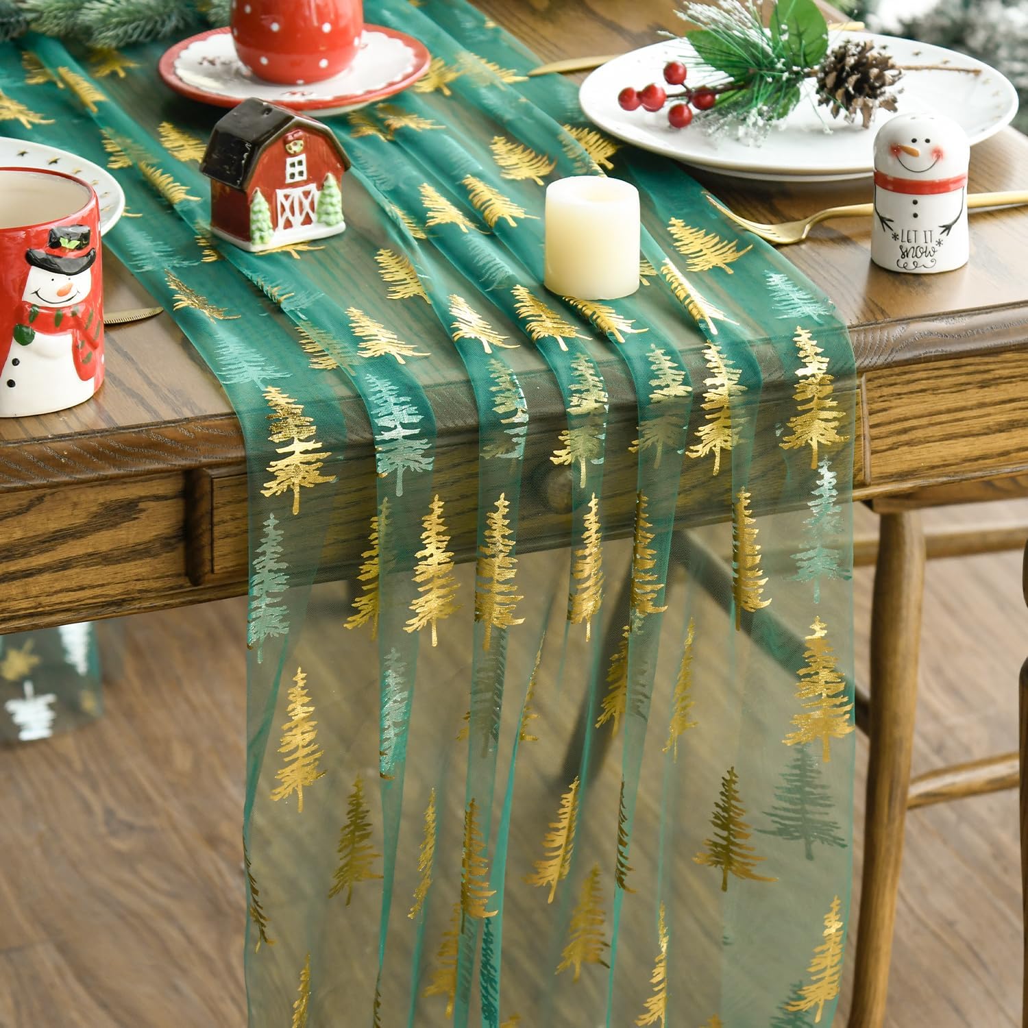 Artoid Mode Green Gold Christmas Tree Gauze Table Runner 120 Inch 10FT, Glitter Metallic Foil Seasonal Sheer Dining Holiday Table Decor for Home Party Artoid Mode Green Gold Christmas Tree Gauze Table Runner 120 Inch 10FT, Glitter Metallic Foil Seasonal Sheer Dining Holiday Table Decor for Home Party