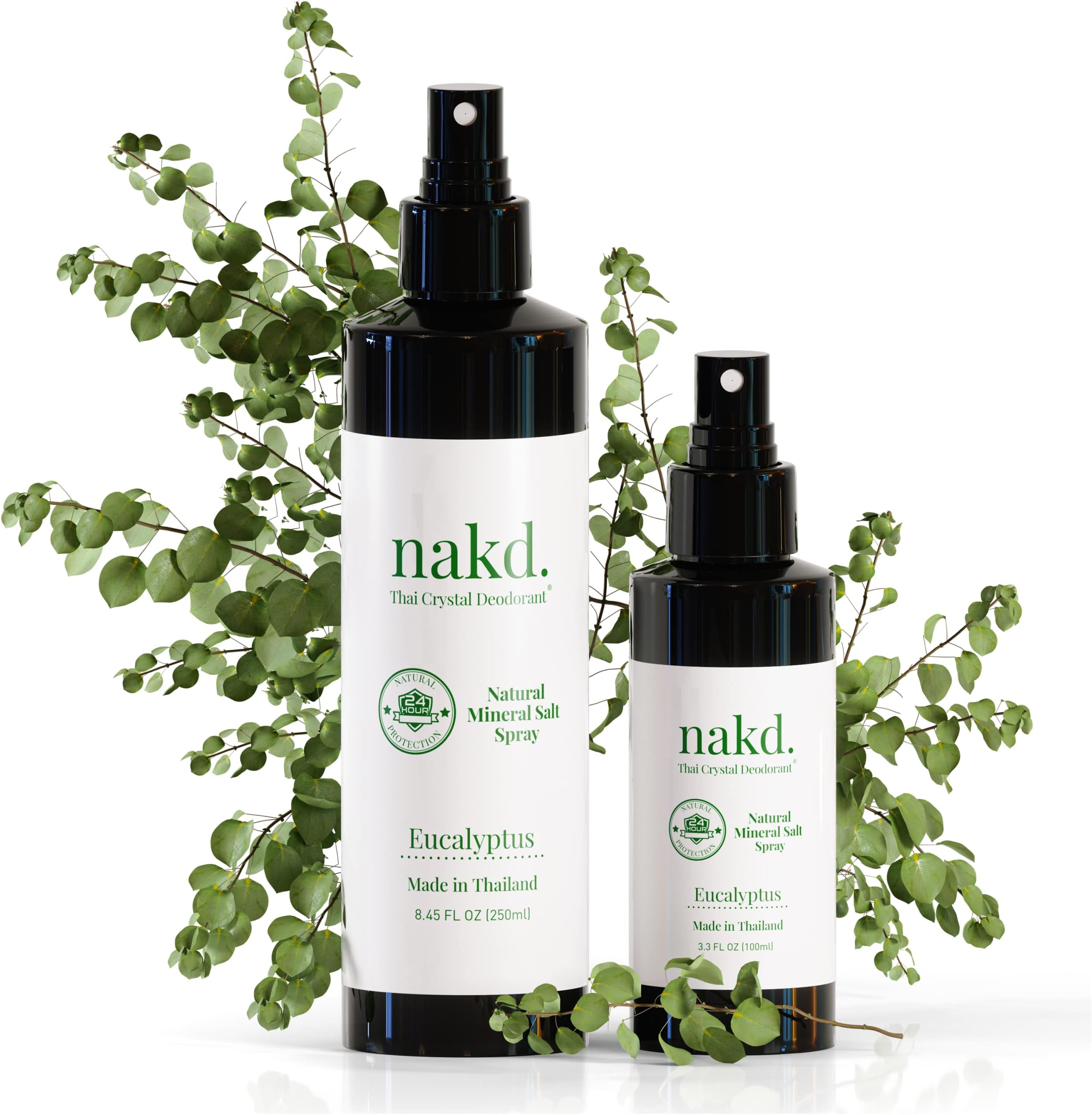 nakd. Thai Crystal Deodorant Spray – 2 Salt Deodorant Crystal Sprays, 8.45 FL oz. Regular + 3.3 FL oz. Travel Size – Natural and Aluminum Free Deodorant for Women, Men, and Kids - Eucalyptus