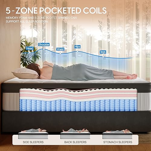 Miniatura 5 de Colchón Queen de 12 pulgadas, cama de resortes interiores híbridos de espuma viscoelástica con gel refrescante y soporte de bordes, colchón de