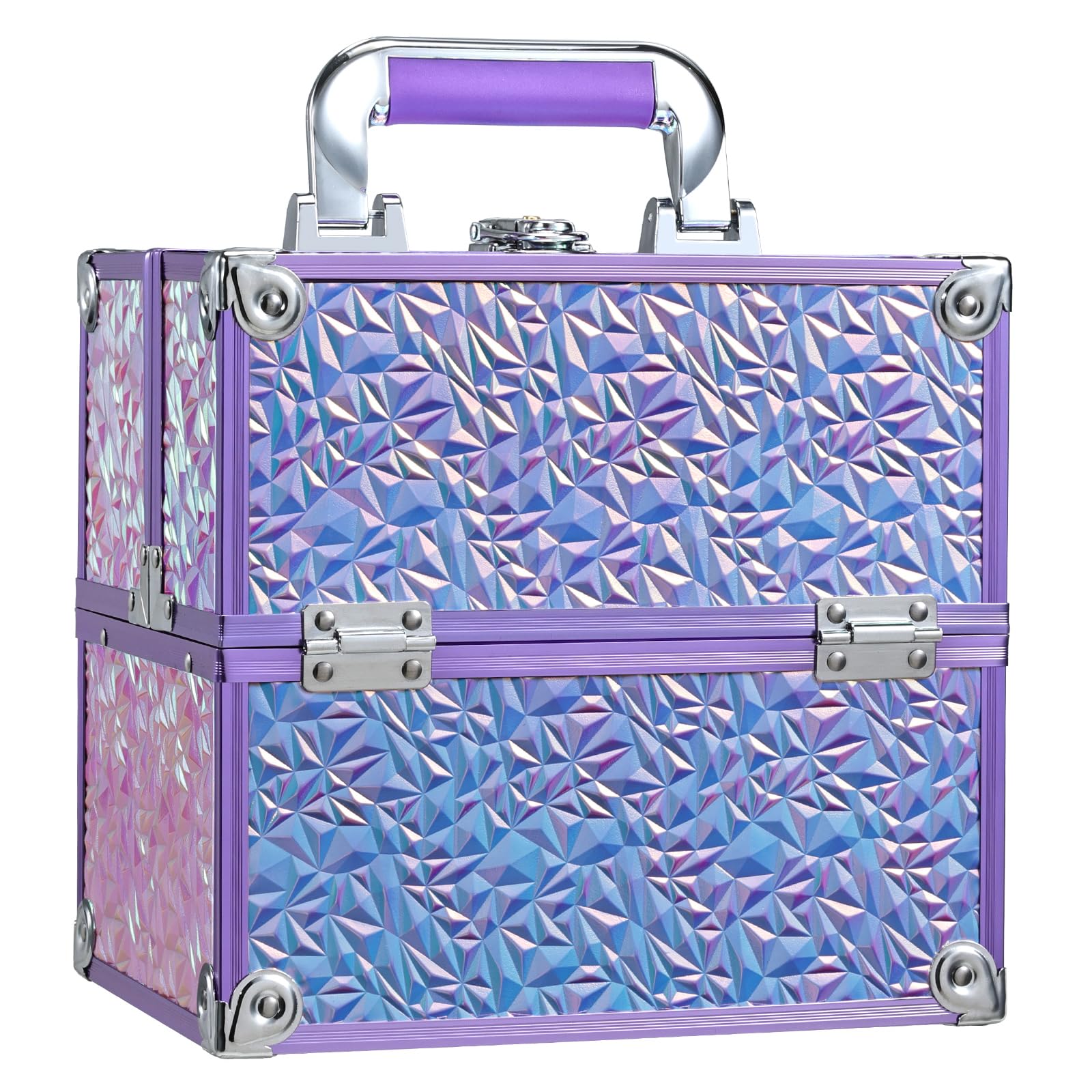 Photo 1 of FRENESSA Makeup Case Organizer Makeup Box Cosmetic Train Case Portable Make Up Artist Travel Case Storage Box 4 Trays with Dividers Lockable Hard Train Case Nail Tech Supply Storage Shiny Purple