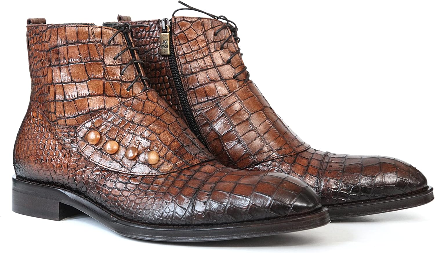 Jo Ghost 1788 Cognac Crocodile Print Leather Boots With Buttons & Zip