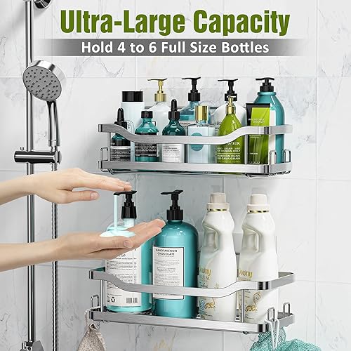 Miniatura 2 de OMAIRA Organizador de ducha plateado, paquete de 2 organizadores de ducha adhesivos, sin perforación, estantes de ducha de acero inoxidable para