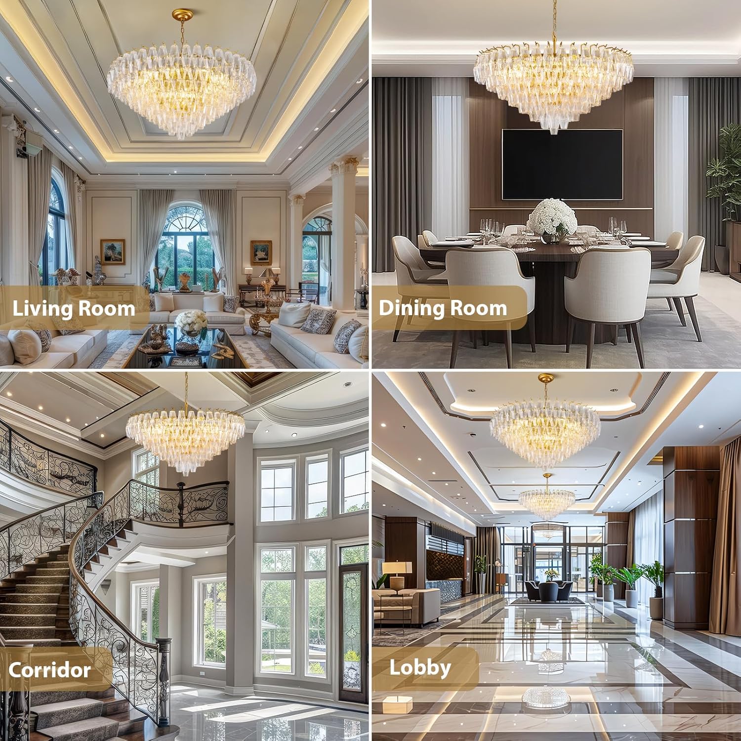 37" Extra Large Chandelier, 14-Light Clear Modern Round Chandelier for Living Room, Tiered Smoke Blown Glass Brass Chandeliers, Hanging Light Fixture for Bedroom, Dining Room, Foyer, Entryway