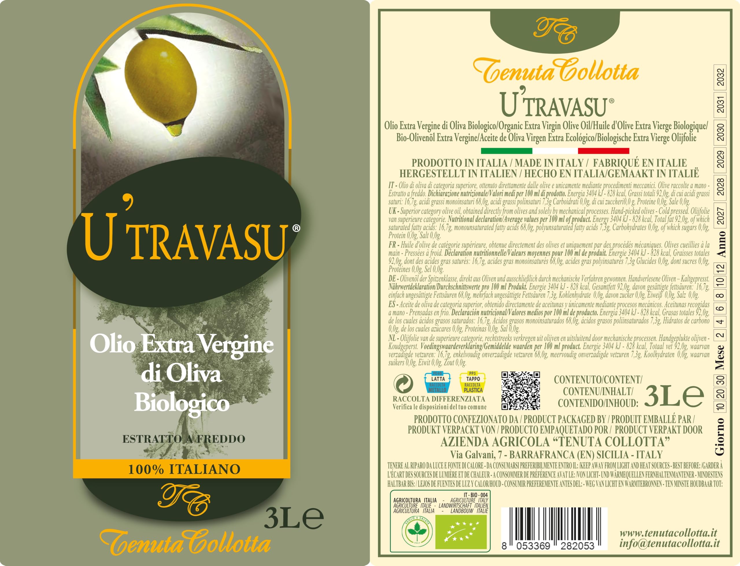 U'Travasu® - Olio extravergine di oliva Biologico latta 3l - 100% italiano - Prodotto in Sicilia - Estratto a freddo