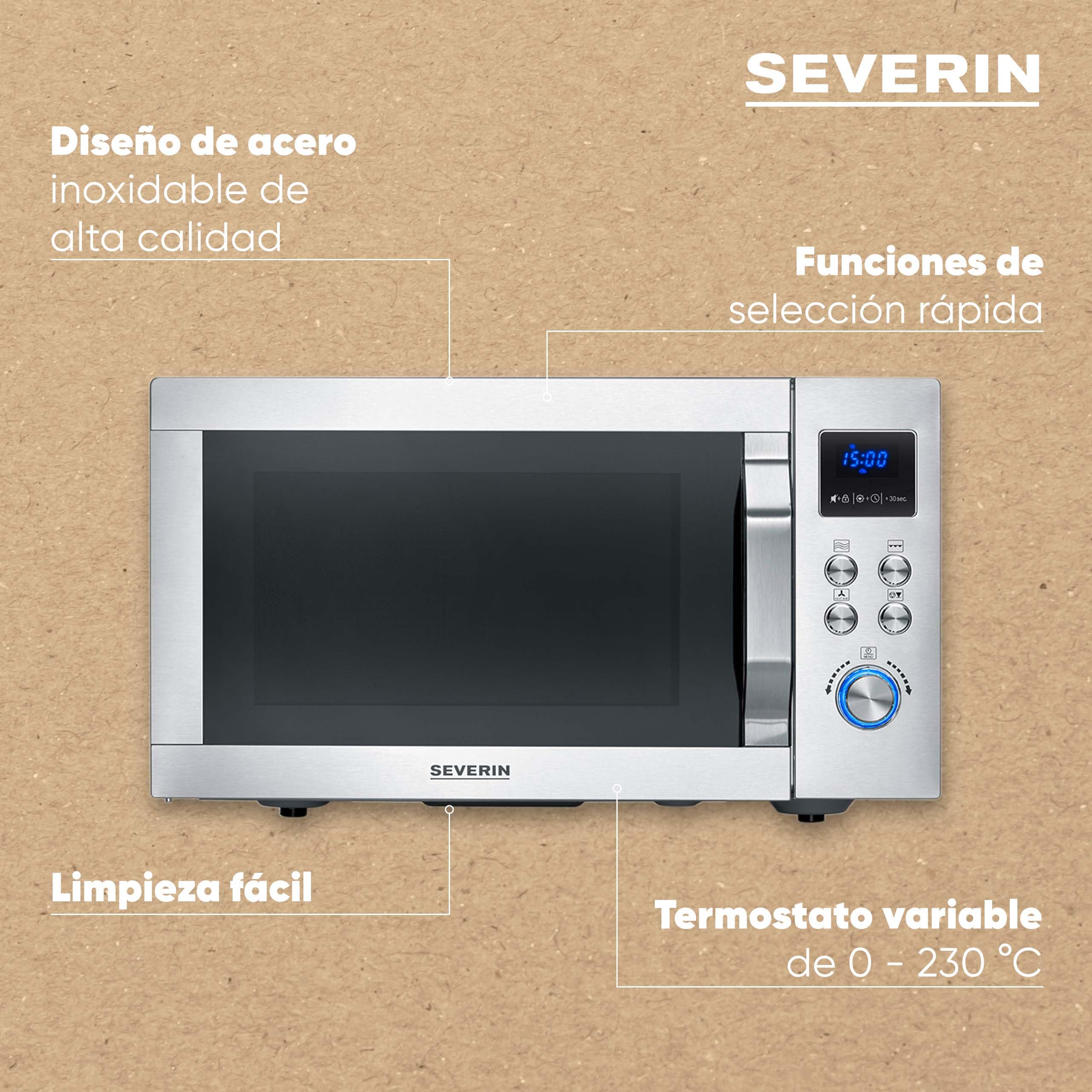 SEVERIN Microondas con grill y convección, función de freidora de aire, 4 en 1 para descongelar, cocinar y calentar, 25 L, acero inoxidable cepillado/plateado, MW 7982