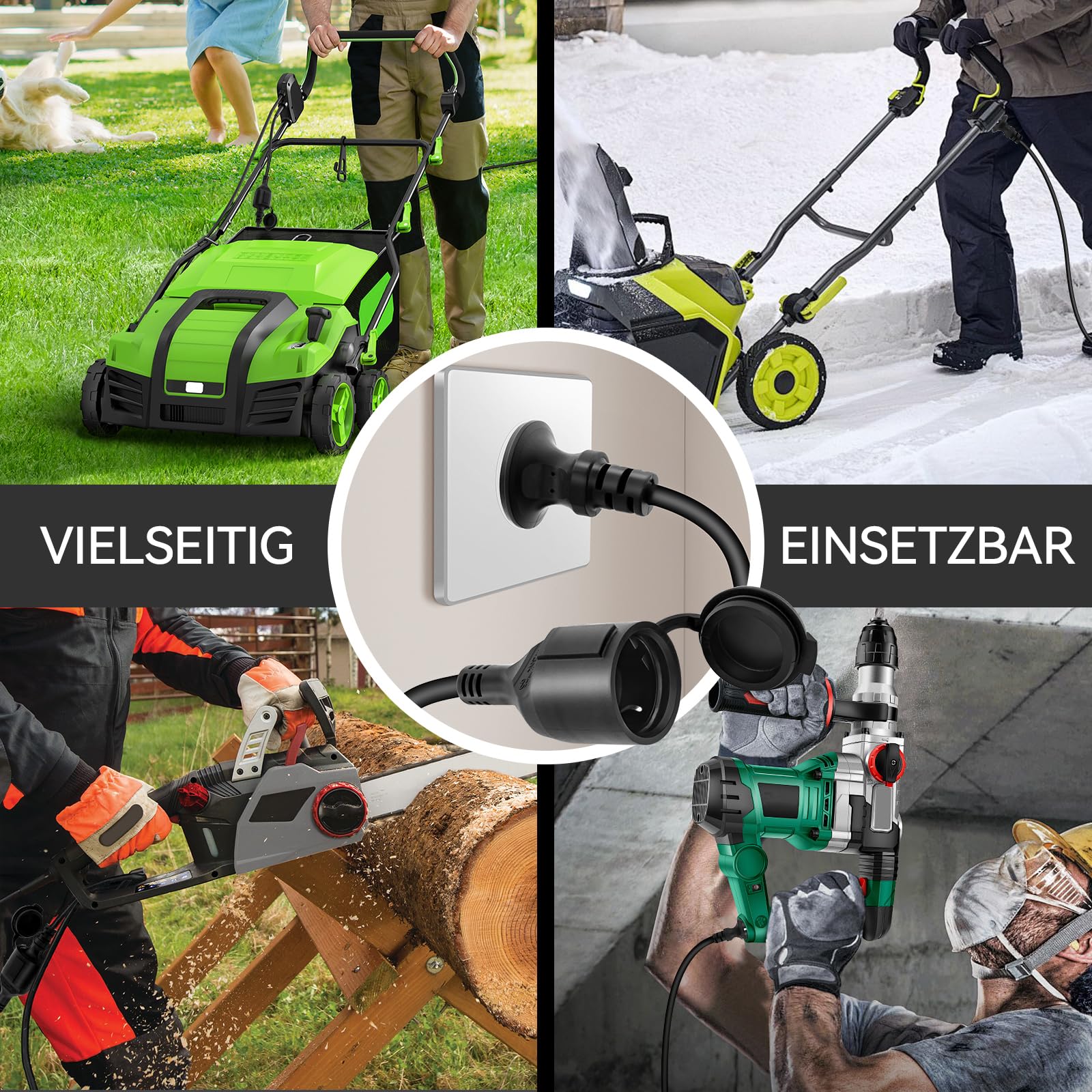 Außen-Stromverlängerung 40m, Verlängerungskabel 40m mit Schutzkappe - IP44 außen, Querschnitt 3G1,5 mm², Belastungsgrenze 16A/250V, Schutzkontakt für innen & außen