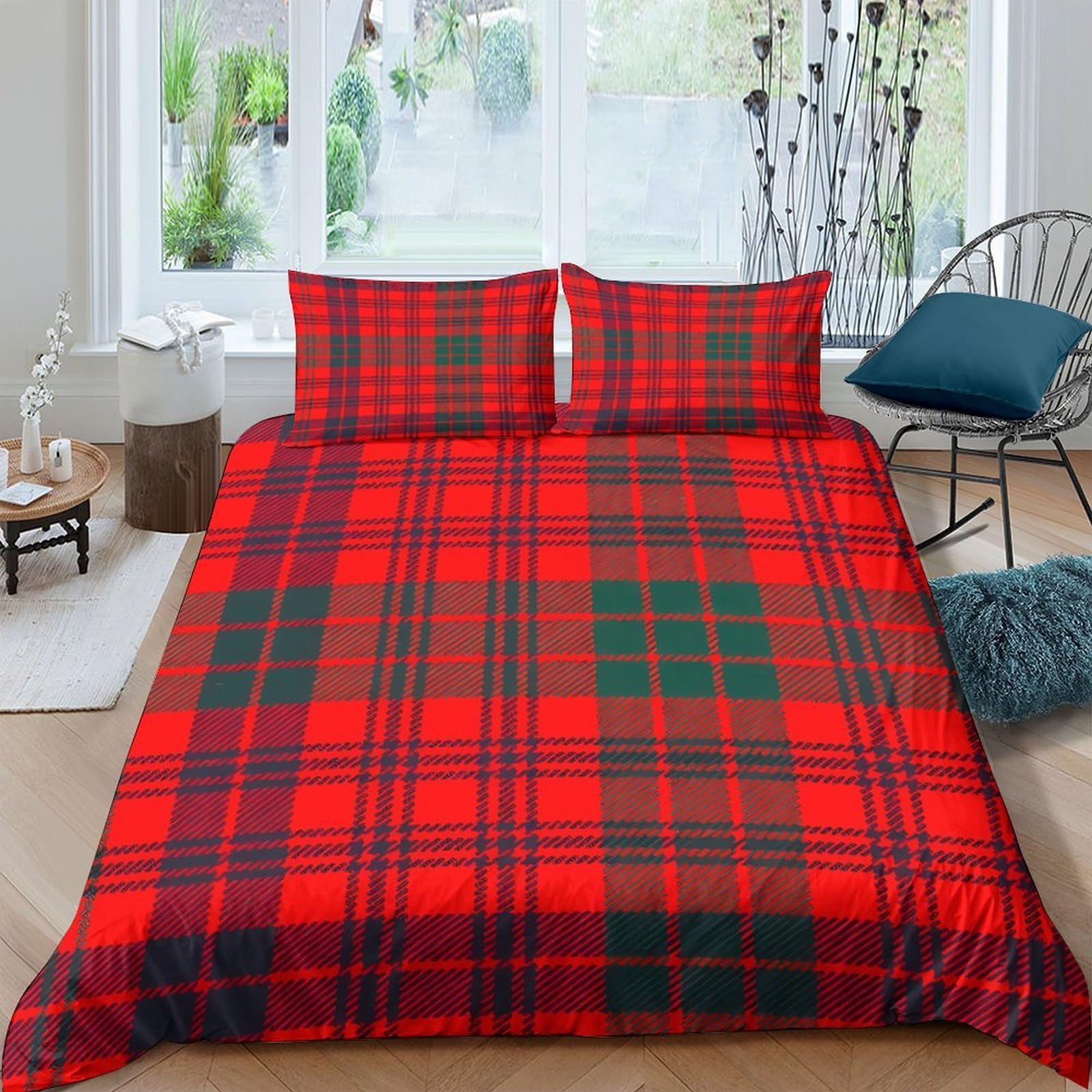 P5V6M1Q9 3D Printed Red Tartan Duvet Cover Microfiber Soft Plaid Bedding Set with 2 Pillowcases for Bedroom Home Decor Single（135x200cm）