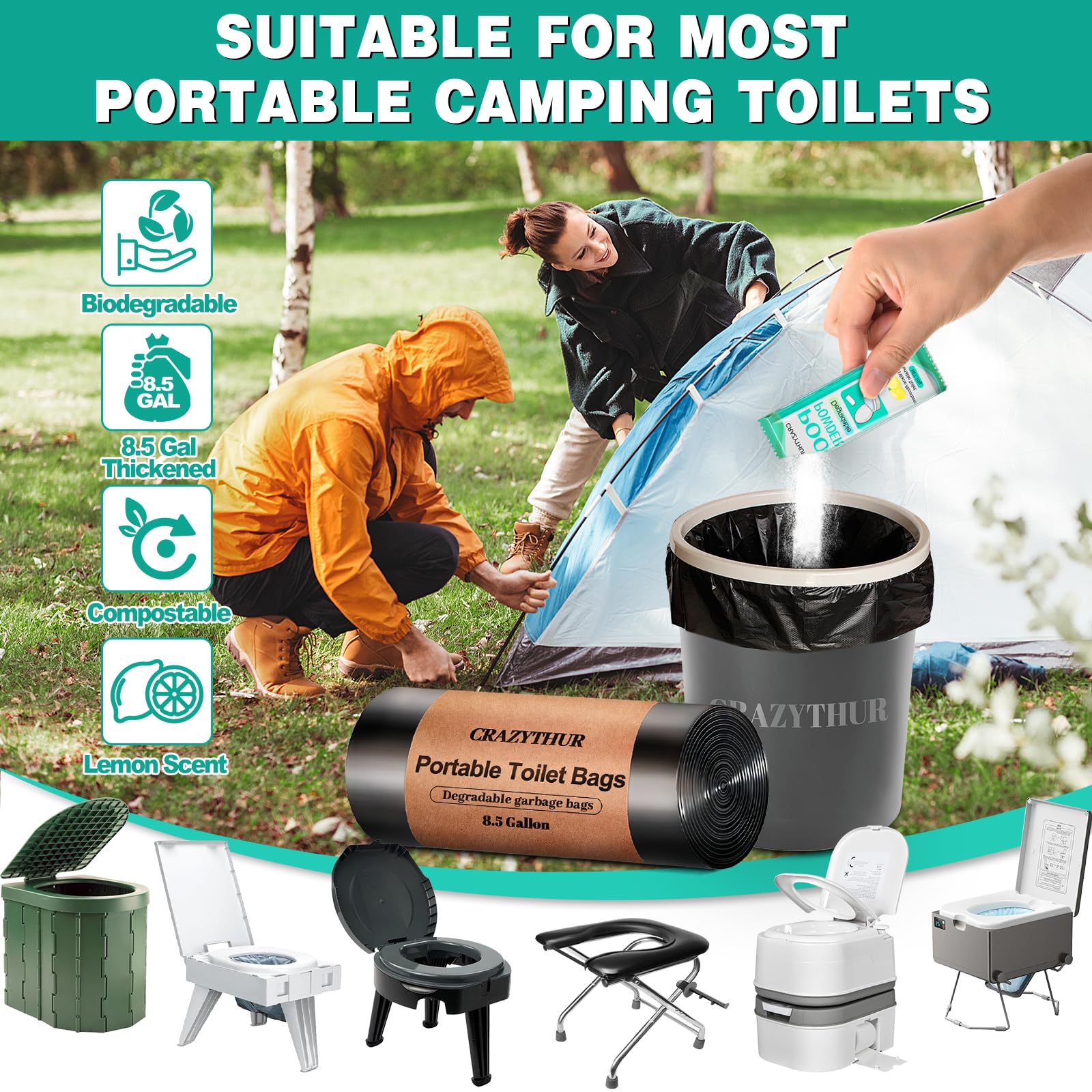Tragbare Toilettenbeutel mit 25 Stück für Kotpulver-Set, 29 l, Camping-Toilettenbeutel, tragbare Toiletten, saugfähige Kraft, Camping-Töpfchenbeutel für Outdoor-Wandern, Notfall-Toiletten