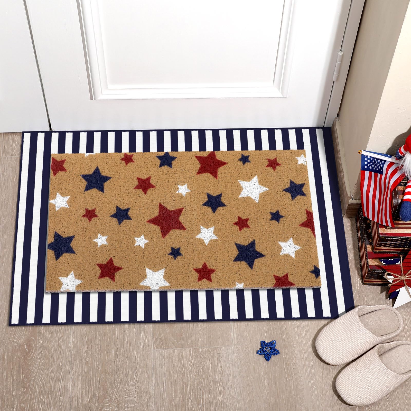 Duraaamo 2 Pcs Independence Day Door Mat 4th of July Outdoor Welcome Mats for Front Door Patriotic Non Slip Coir Floor Doormat Red White Blue Stripe