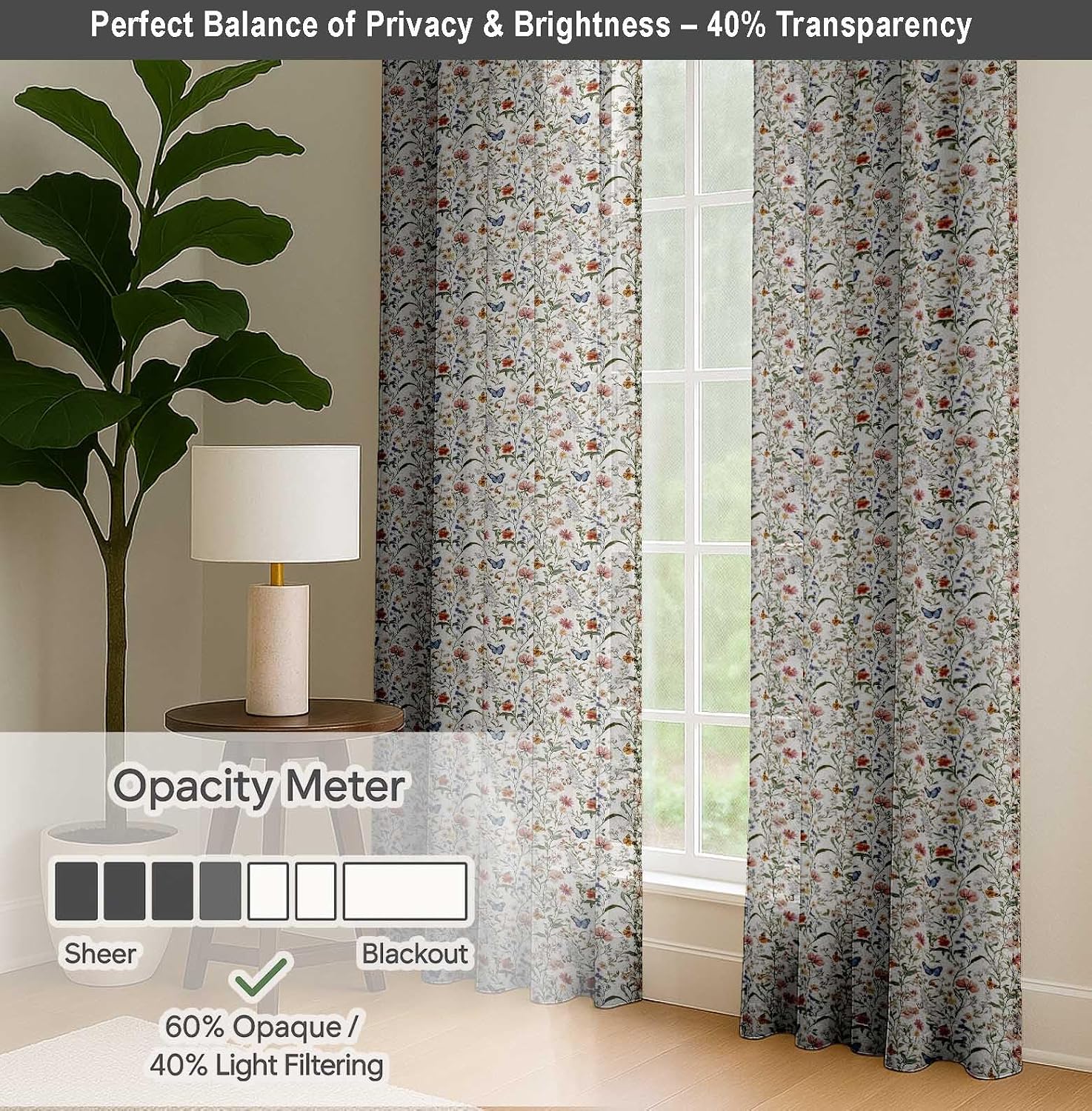 Cotton Curtains for Windows - 3-in-1 Rod Pocket/Back Tab Short Window Drapes - Light Filtering Cotton Canvas Panels - Set of 2, 52"x63" - Leaves Print (White)