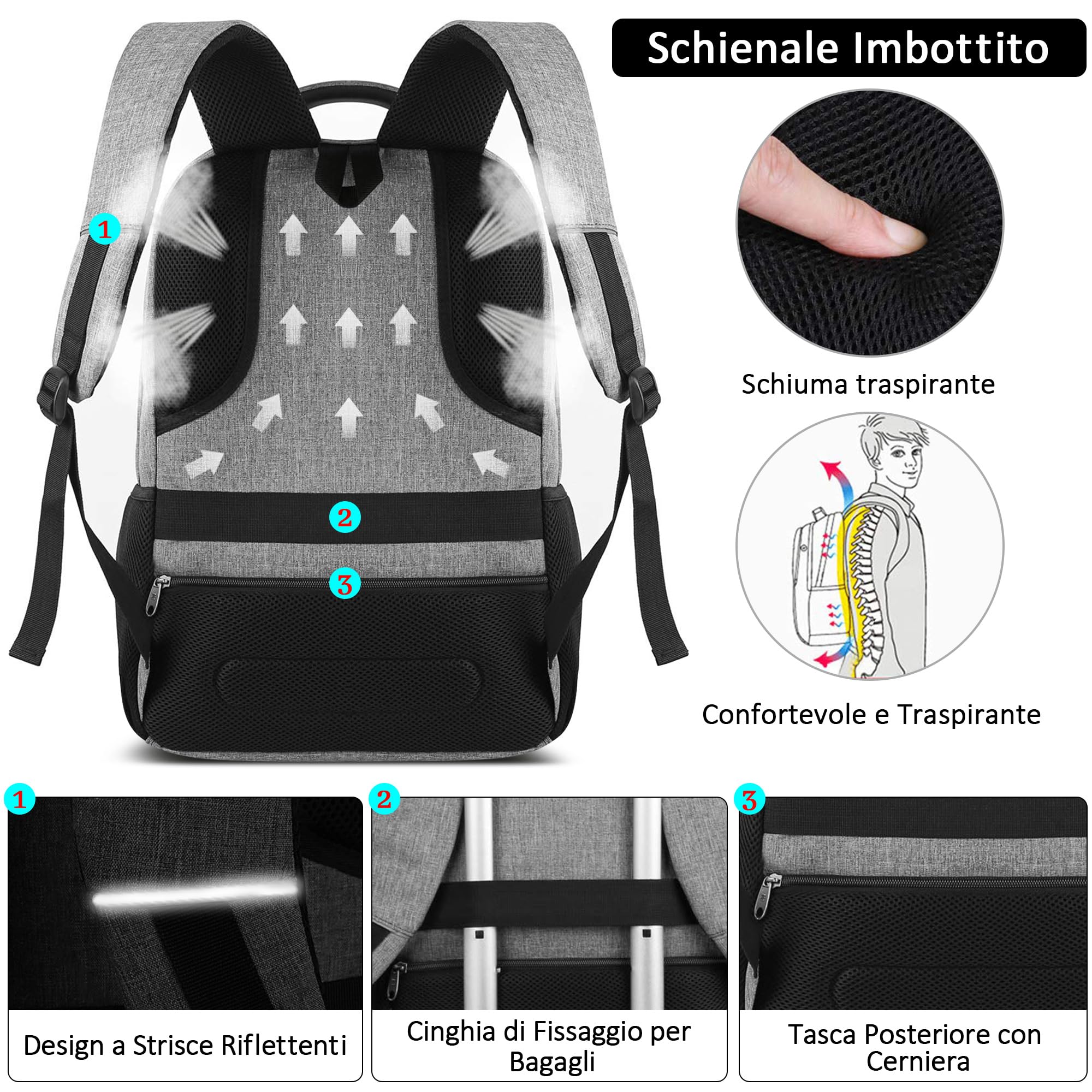 VARLIVOO Uomo Zaino USB Port Donna Zainetto 15,6" Laptop Uomo Borse Alta Capacità Lavoro Viaggio Scuola Impermeabile Polyester Grigio Chiaro