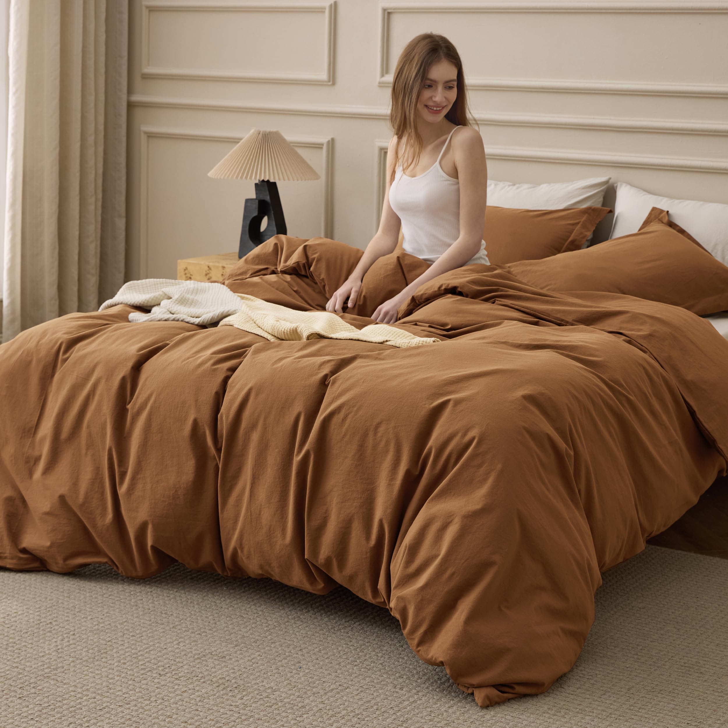 Photo 1 of Bedsure 100% Washed Cotton Duvet Cover Queen Size - Hazelnut Brown Minimalist Bedding Set Linen Like - PureWoven Plain Simple & Soft Comforter Cover for All Seasons (Hazelnut Brown, Queen, 90"x90")