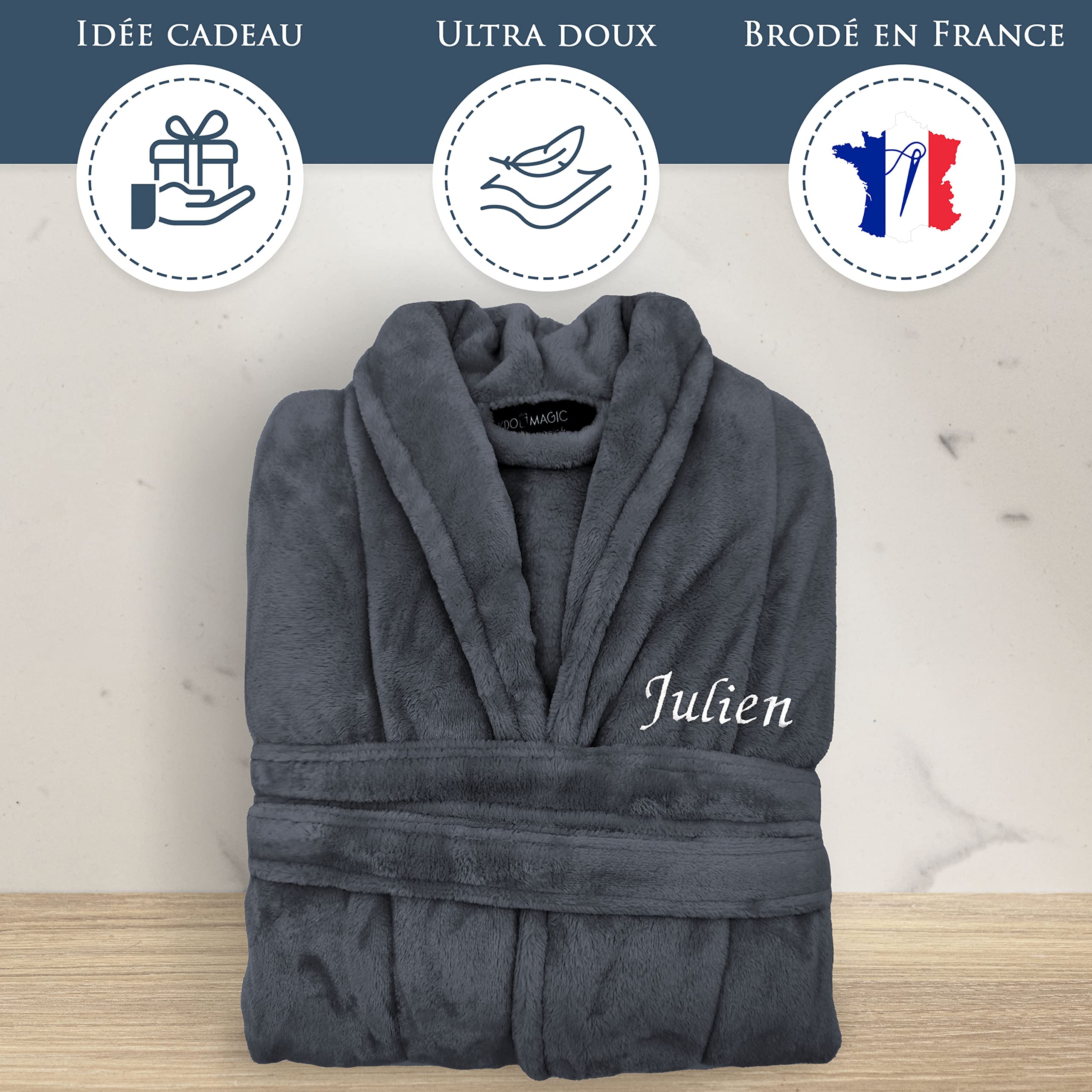 KDO MAGIC Robe de chambre personnalisée pour homme - Peignoir de chambre personnalisable - Prénom brodé - Personnalisé en France - Cadeau de Noël, Fête des pères, Anniversaire, Papa