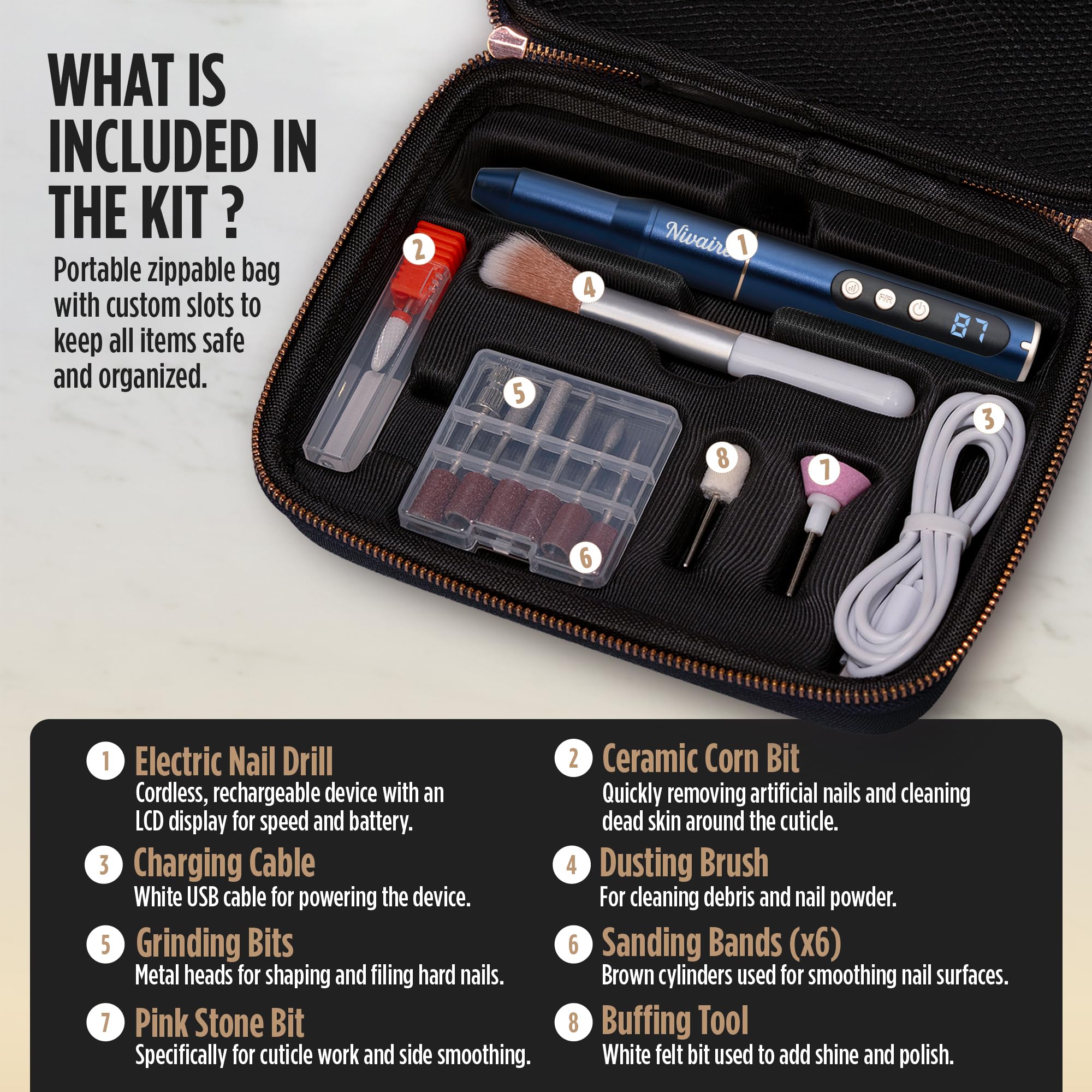 Nivaire Cordless Electric Nail Drill Kit with LCD Display and Rechargeable Filing Tool