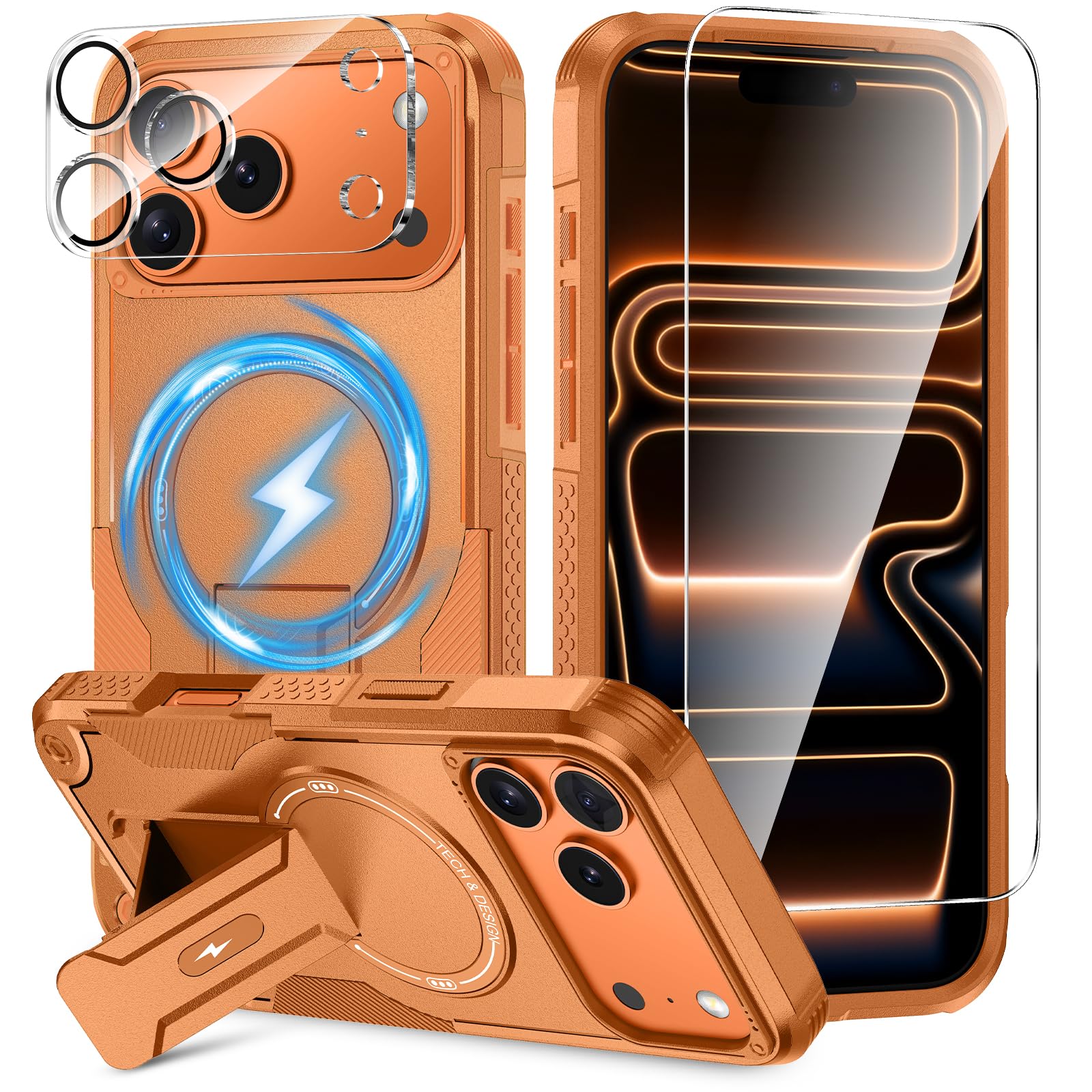 Photo 1 of 3 in 1 for iPhone 17 Pro Case [Compatible with MagSafe] [Invisible Kickstand] [HD Screen Protector] [Camera Lens Protector], Protective Magnetic Phone Cover for iPhone 17 Pro (Orange)