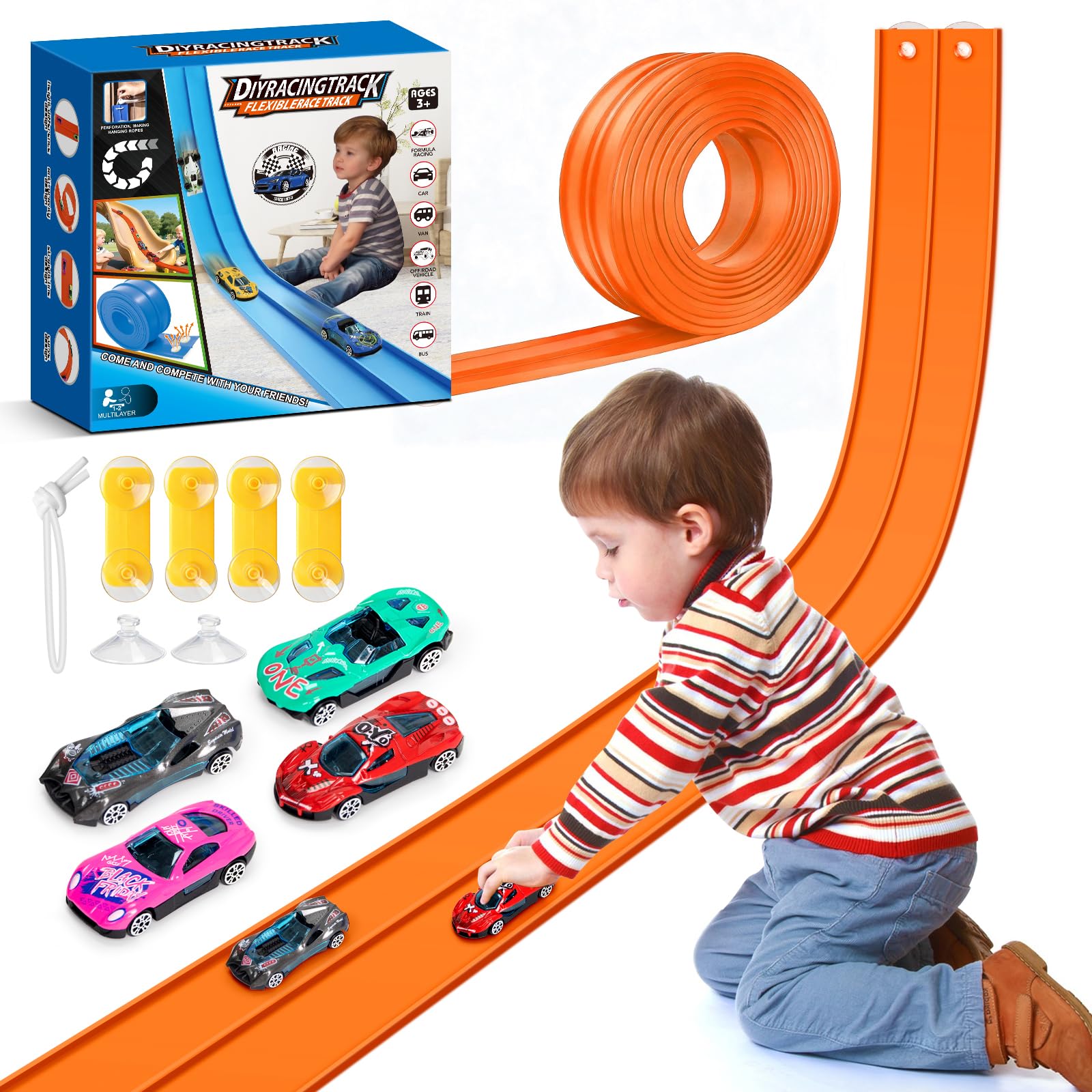 15Ft Flexible Race Car Track for Kids with Suction Cups Compatible with Hot Wheels and Diecast 1/64th Cars for Ages 3 & Up Blue Gray Orange Red Classic Long Rolls Up Portable Racetrack (Orange)