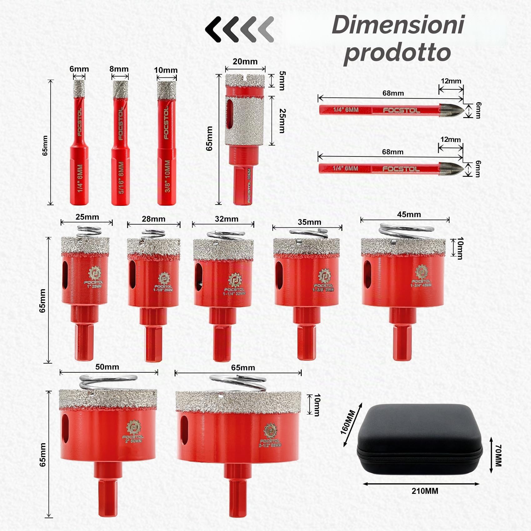 FOCSTOL Punte Diamantate Gres Porcellanato - Punte Trapano Diamantate per Piastrelle Ceramica Marmo Graint 13 pezzi (6/8/10/25/28/32/35/45/50/65mm+20mm Trapano Fresa+6/6mm Punta in Carburo)
