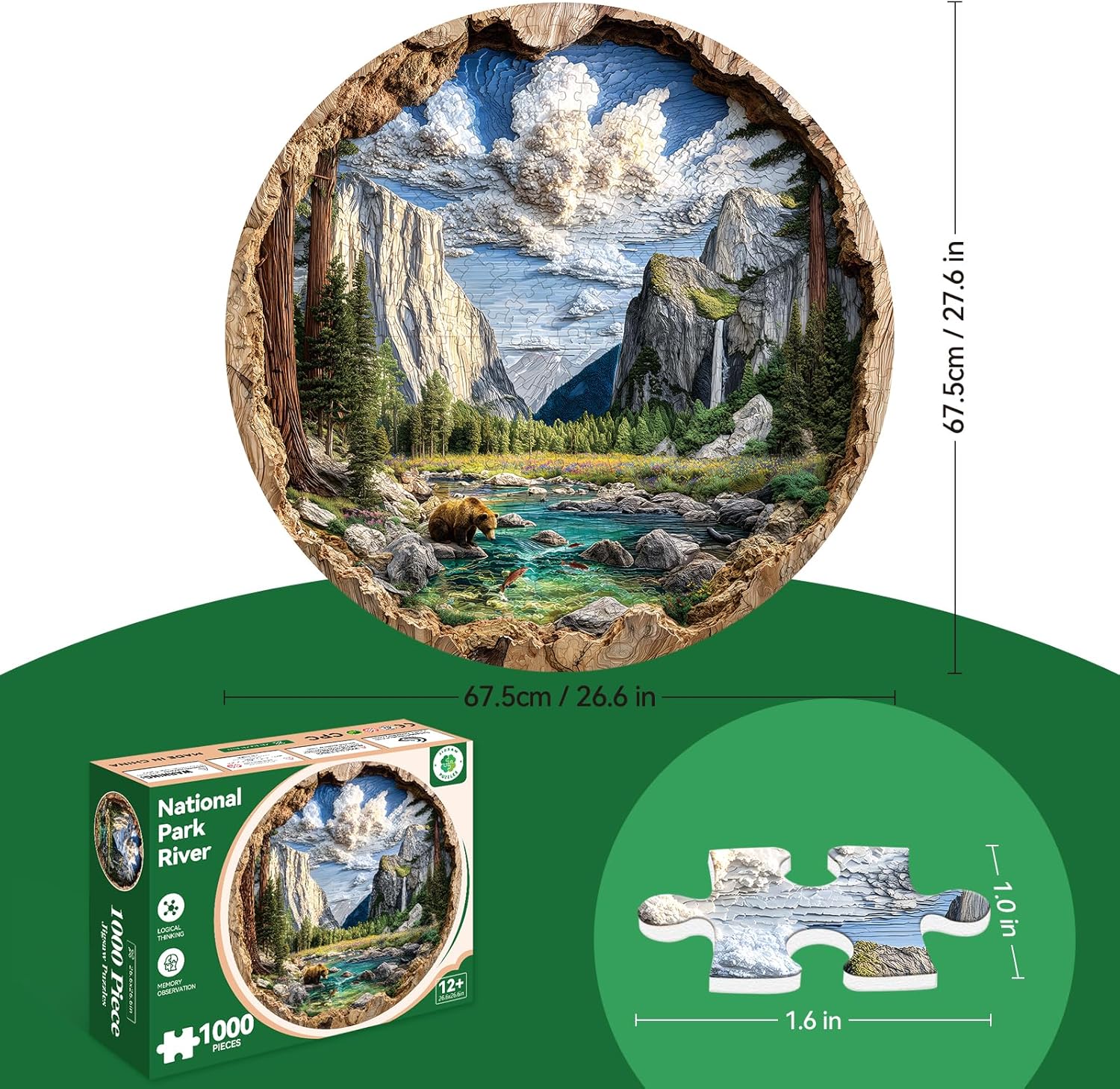 3D Visual Art Puzzles for Adults 1000 Pieces, National Park River Landscape Nature Unique Hard 1000 Pieces Jigsaw Puzzles for Adults, 1000 Pieces Round Puzzle for Adults
