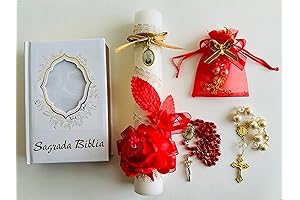 Vela, Biblia Sagrada, Rosario y Bolsitas para Decoración de Confirmación