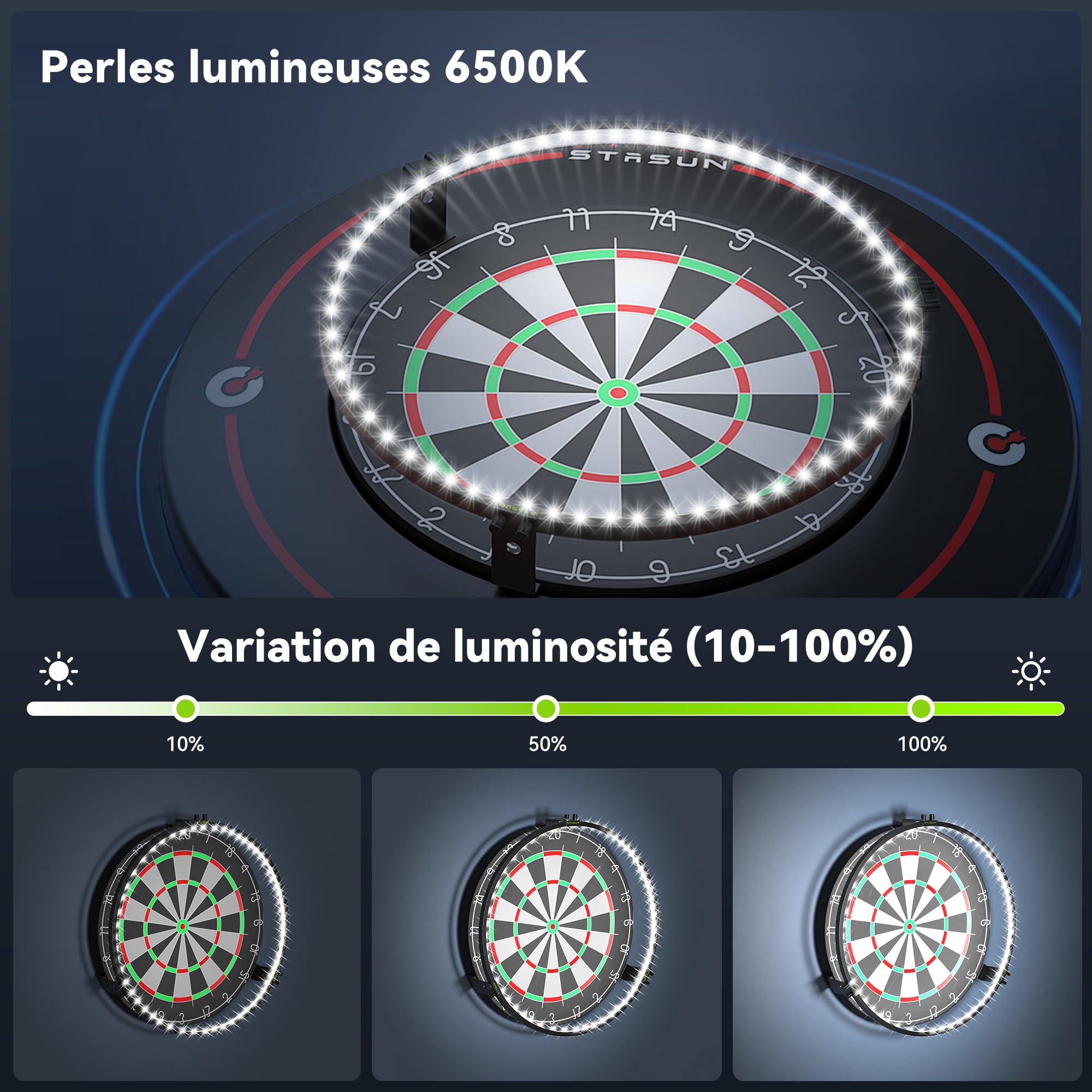 STASUN Lumière de Cible de Fléchettes Magnétique 360°, Système d'Éclairage Périphérique LED Modulable 12W 6500K et Accessoires