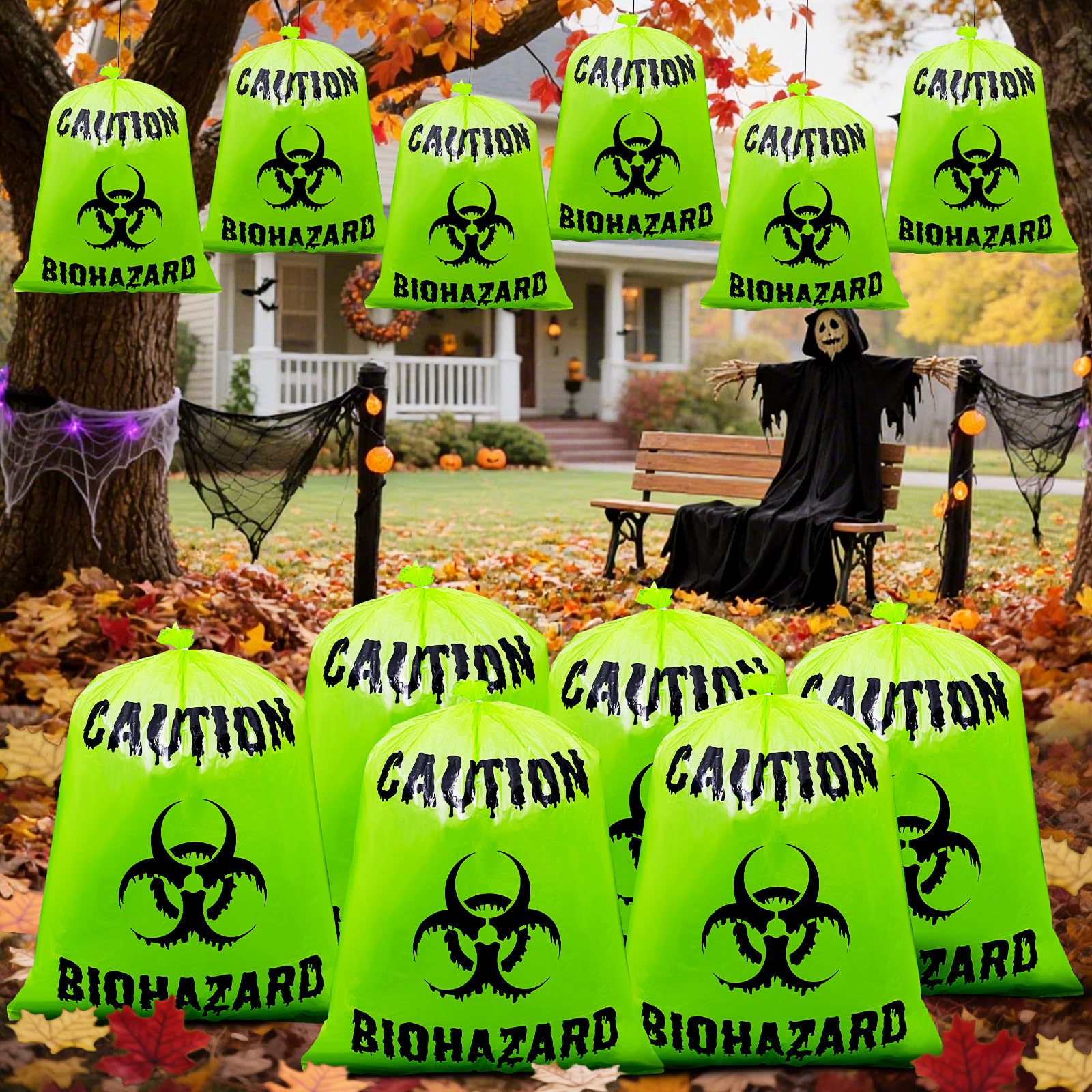 12 Pcs Large Halloween Leaf Bags Biohazard Halloween Trash Bags for Leaves CAUTION BIOHAZARD Plastic Reusable Yard Lawn Waste Bags Biohazard Halloween Garbage Bags Party Favors (Green)-image-17
