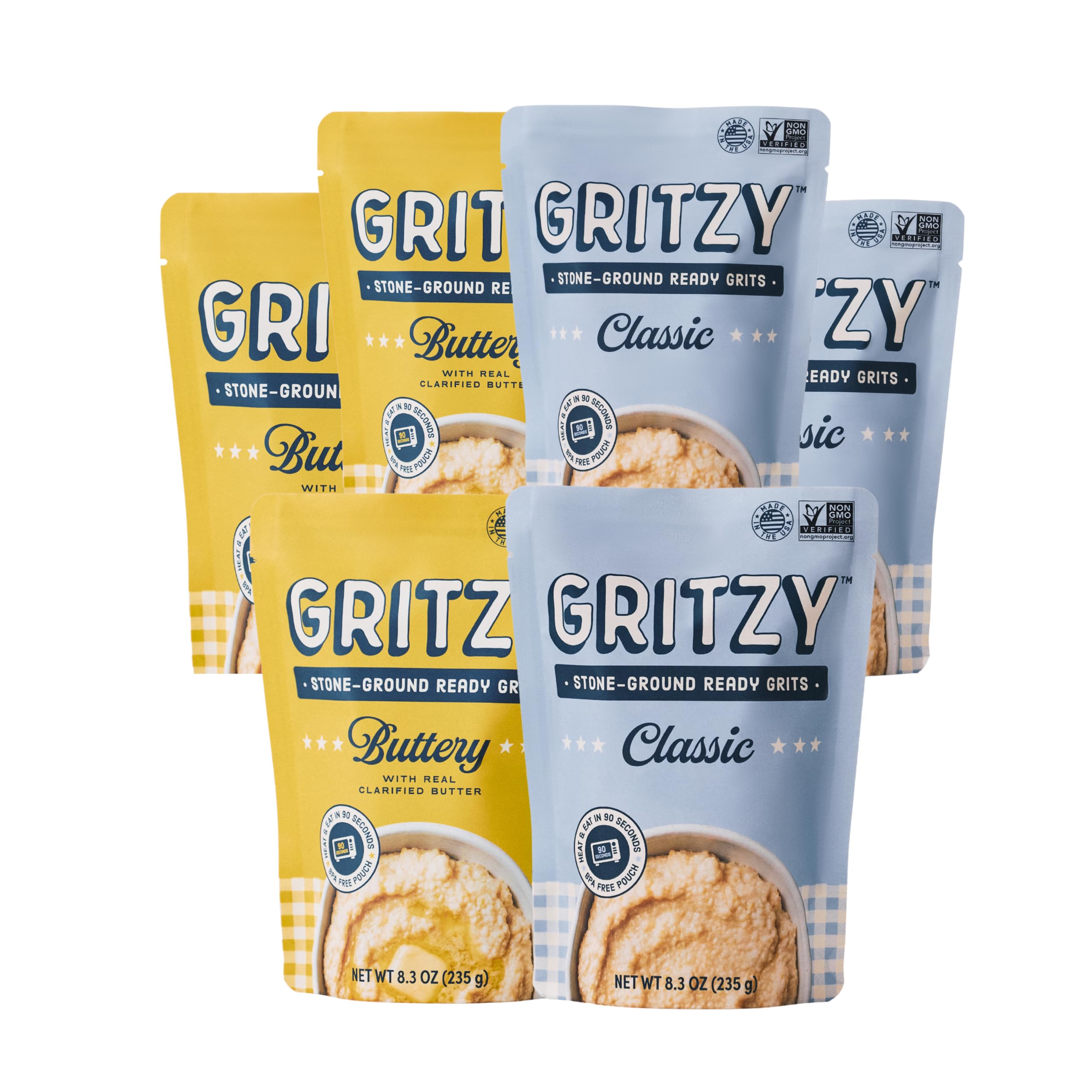 Gritzy Classic & Buttery Stone-Ground Heat & Eat Grits, 8.3 oz (6-Pack)