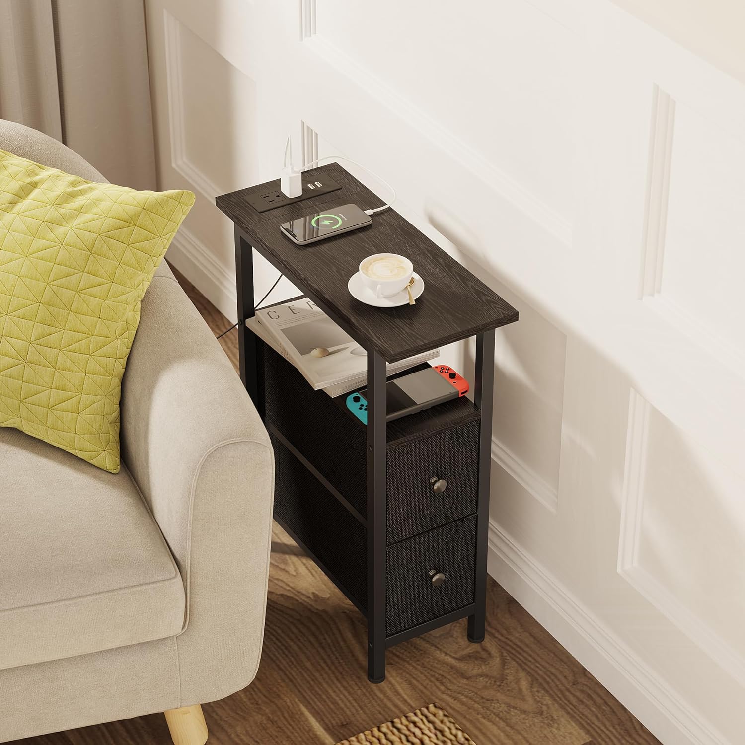 End Table with Charging Station, Narrow Side Table with 2 Fabric Drawers, Skinny Nightstand with LED Light, Slim Bedside Table for Bedroom, Living Room, Small Spaces, Black