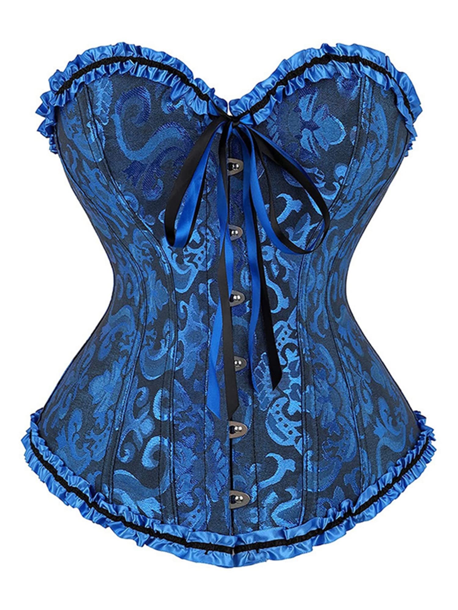 Women's Plus Size Corset Tops Boned Overbust Bustier Shapewear Lingerie Floral Lace Up Ruffle Trim Waist Push Up Bodysuit-image-7