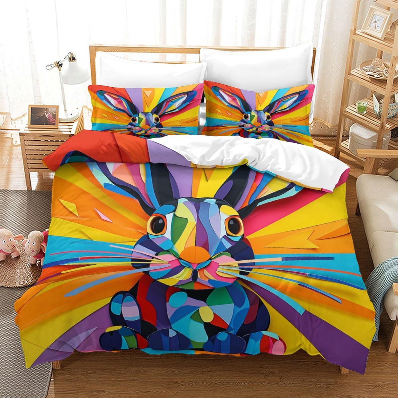 Stampato in 3D Coniglio Copertina Stampata Microfibra Disegnata Biancheria Da Letto Cura Facile Con 2 Federe,Double（200x200cm）, Per Adolescenti E Adulti